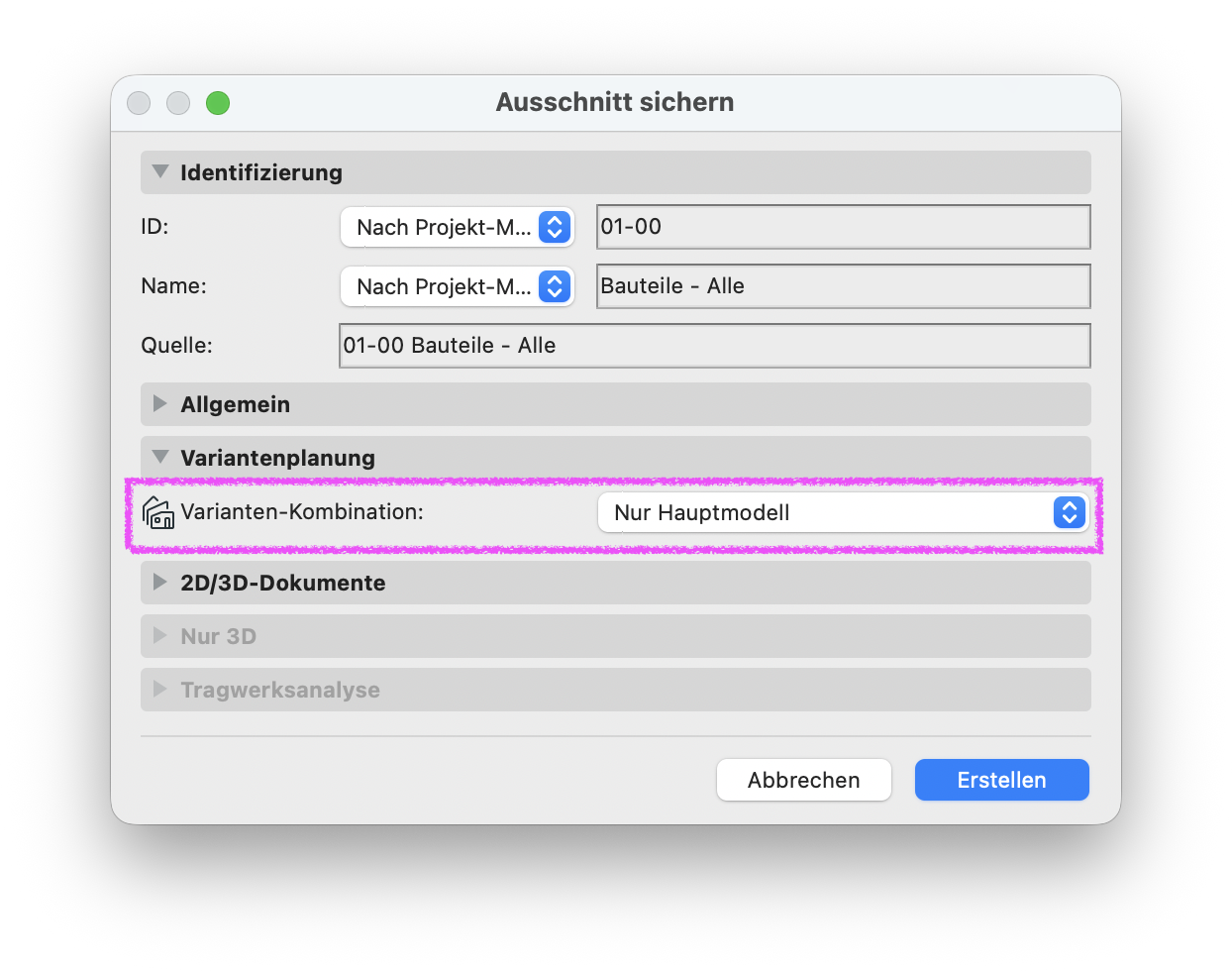 Ausschnitt-Einstellungen mit hervorgehobener Varianten-Kombination unter Variantenplanung