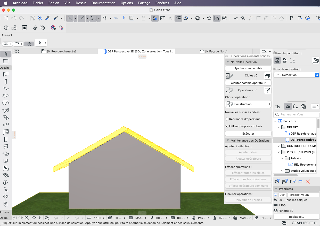 Interface do software Archicad com menu superior em francês (Fichier, Édition, Dessin), barra de ferramentas com ícones, modelo 3D de casa com telhado amarelo, paredes cinza e terreno verde centralizado, painel direito exibindo opções de operações de elementos sólidos como "Nouvelle Opération", "Soustraction", lista de vistas incluindo "DEP Perspective 3D" e seções para configurações de propriedades.