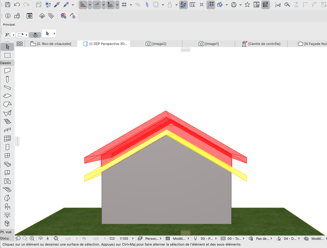Interface do software Archicad exibindo modelo 3D de uma casa com telhado em camadas vermelhas e amarelas, paredes cinzas e terreno verde. Barra de ferramentas superior com ícones, barra lateral esquerda com ferramentas de desenho e abas de visualização como "0. Rez-de-chaussée", "(I) DEP Perspective 3D" e "N Façade Nor".