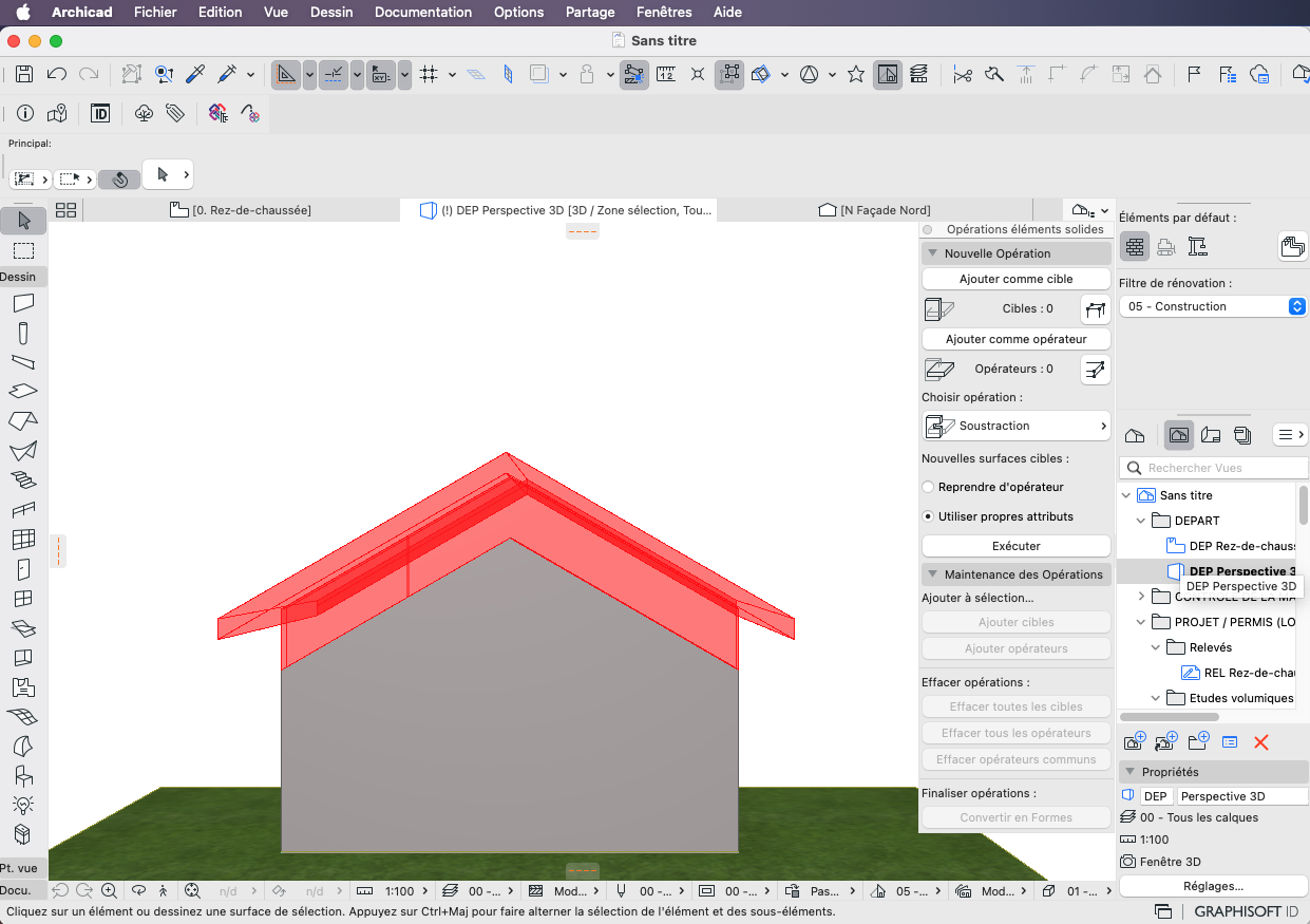 Interface do Archicad exibindo menu superior em francês, barra de ferramentas com ícones de desenho, modelo 3D de uma casa com telhado vermelho e paredes cinza em destaque, painéis de operações de elementos sólidos à direita com opções como "Nouvelle Opération", "Sousstraction" e filtros de renovação, além de barra de status inferior com informações em francês.