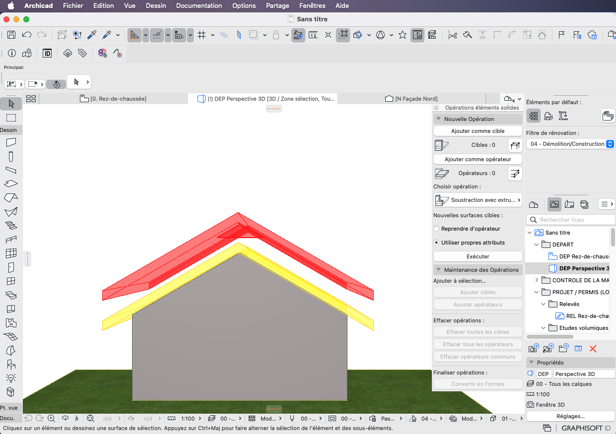 Interface do software Archicad com menus superiores em francês (Fichier, Édition, Dessin, Documentation, Options, Partage, Fenêtres, Aide), painel esquerdo de ferramentas de desenho e vista central em perspectiva 3D de uma casa com telhado vermelho e amarelo, estrutura cinza e terreno verde. Painel direito exibindo opções de operações sólidas como "Nouvelle Opération" e "Soustraction avec extrusion", com barra de status inferior contendo instruções em francês.