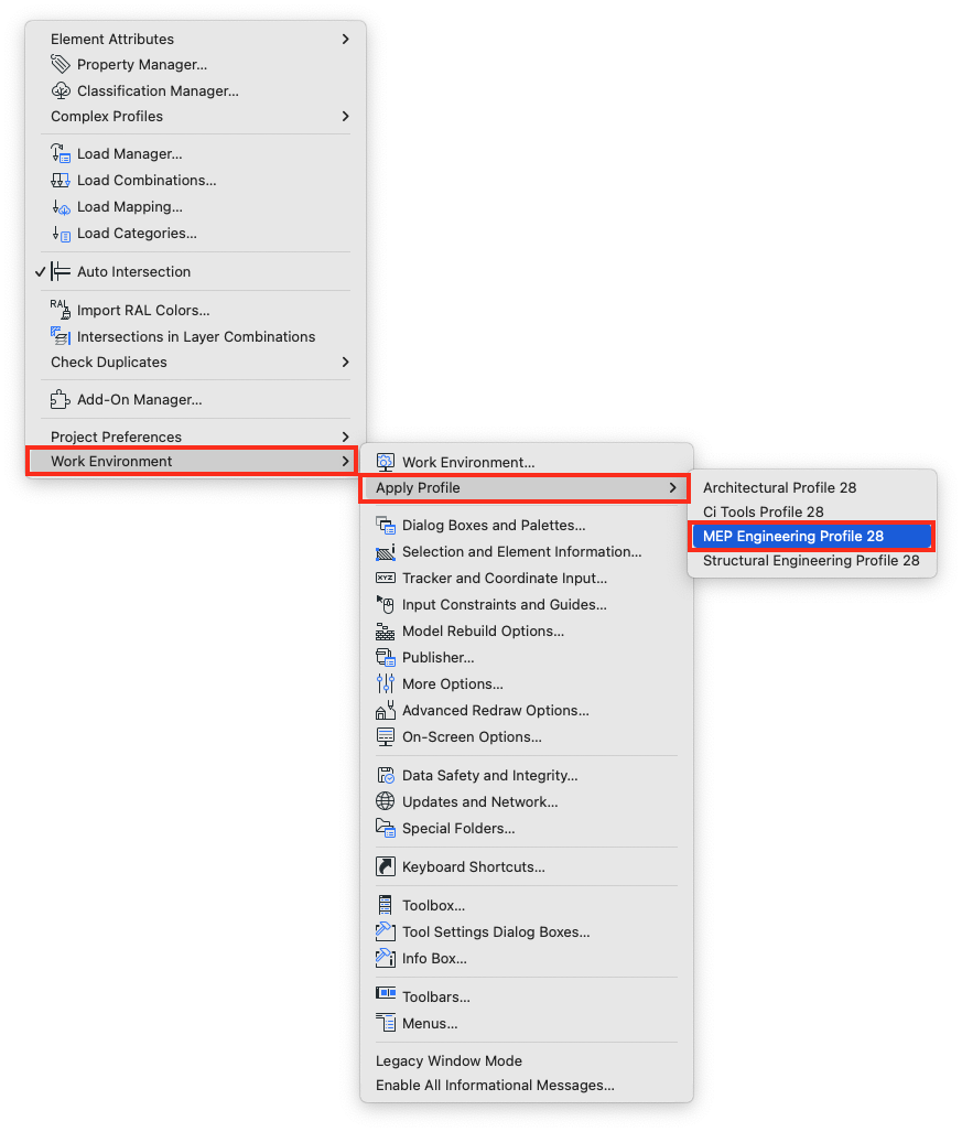 Menu suspenso do Archicad mostrando a opção "Work Environment" destacada em vermelho, com submenu "Apply Profile" também destacado em vermelho e a seleção "MEP Engineering Profile 28" em azul entre opções como "Architectural Profile 28", "CI Tools Profile 28" e "Structural Engineering Profile 28".
