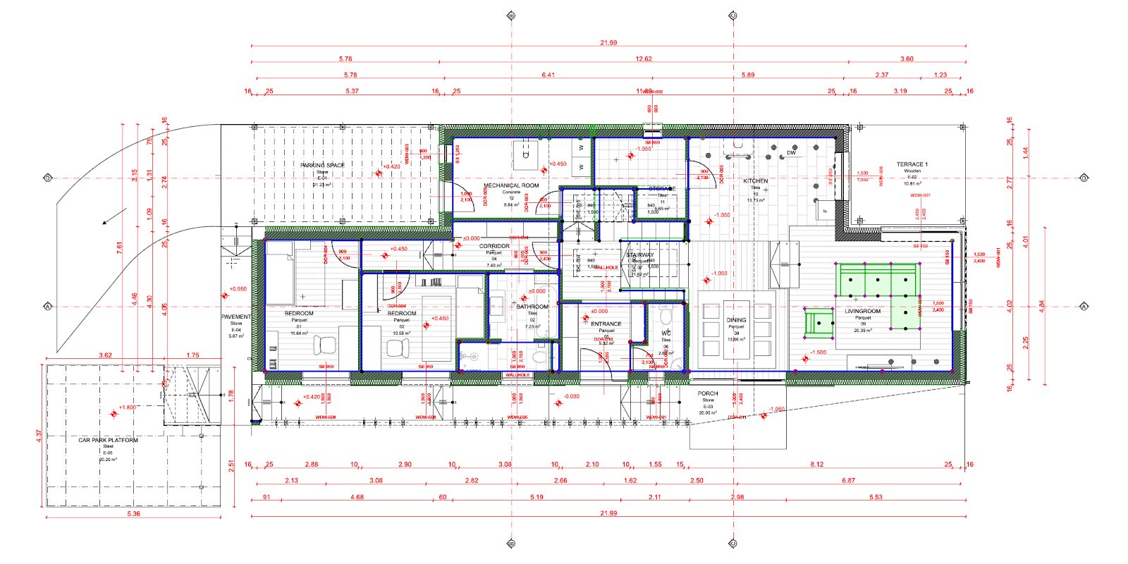 Planta baixa arquitetônica gerada no Archicad, exibindo ambientes como quarto, banheiro, corredor, sala mecânica, cozinha, sala de jantar, sala de estar, terraço 1, entrada, escada e plataforma de estacionamento, com cotas dimensionais em vermelho, indicações de nível (+0,450, -1,050) e detalhes construtivos.