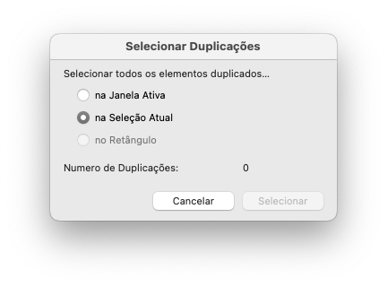 Caixa de diálogo "Selecionar Duplicações" com opções de rádio "na Janela Ativa", "na Seleção Atual" (selecionada) e "no Retângulo", campo "Número de Duplicações" exibindo 0, e botões "Cancelar" e "Selecionar".