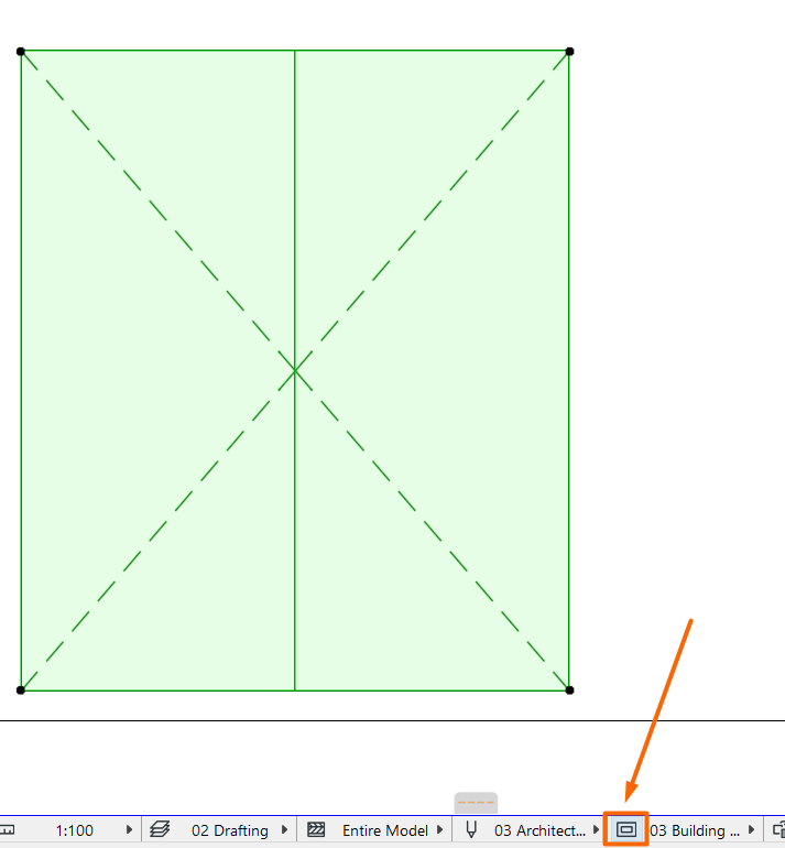 Tela do Archicad exibindo uma forma quadrada verde com diagonais tracejadas formando um X, uma linha vertical central e pontos pretos nos cantos. Na barra inferior, escala 1:100, abas "02 Drafting", "Entire Model", "03 Architect..." e "03 Building...", com seta laranja destacando botão com ícone quadrado.