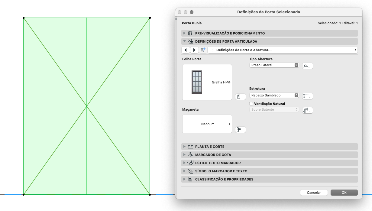 Janela do Archicad exibindo o diálogo "Definições da Porta Selecionada" com seções como "PRÉ-VISUALIZAÇÃO E POSICIONAMENTO" e "DEFINIÇÕES DE PORTA ARTICULADA", mostrando opções para "Folha Porta" (Grelha H-V), "Tipo Abertura" (Preso Lateral), "Estrutura" (Rebaixo Samblado) e "Ventilação Natural" desmarcada; à esquerda, representação de planta com contorno verde e linhas diagonais simétricas.