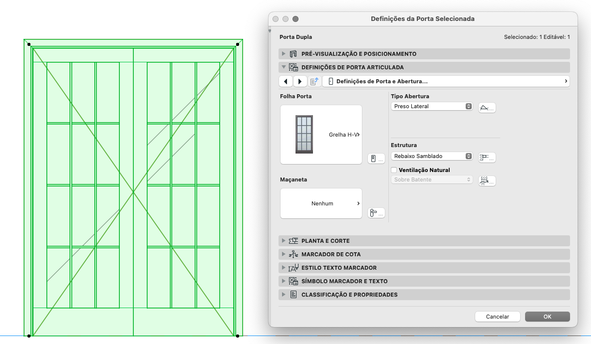 À esquerda, layout verde com grade e linhas diagonais representando uma porta; à direita, janela de diálogo "Definições da Porta Selecionada" com "Selecionado: 1 Editável: 1", seções "PRÉ-VISUALIZAÇÃO E POSICIONAMENTO" e "DEFINIÇÕES DE PORTA ARTICULADA" expandidas, exibindo "Folha Porta: Grelha H-Vs", "Tipo Abertura: Preso Lateral", "Estrutura: Rebaixo Samblado", opção "Ventilação Natural" desmarcada e botões "Cancelar" e "OK".