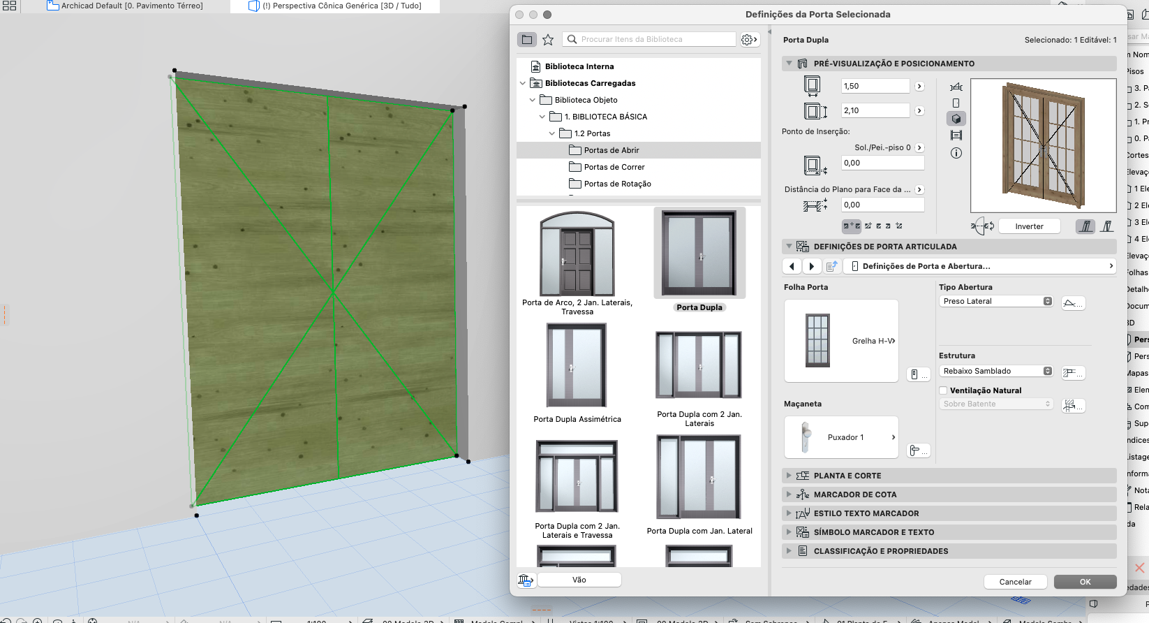 Interface do Archicad mostrando, à esquerda, vista 3D de um modelo com estrutura verde e, à direita, a janela "Definições da Porta Selecionada" com menus "Biblioteca Interna" e "Bibliotecas Carregadas", subcategorias como "1.2 Portas", miniaturas de modelos (ex.: "Porta Dupla", "Porta de Arco"), campos para dimensões (1,50 e 2,10), ponto de inserção, pré-visualização de porta dupla com vidros, opções "Estrutura: Rebaixo Sambado", "Ventilação Natural" e botões "OK", "Cancelar" e "Inverter".