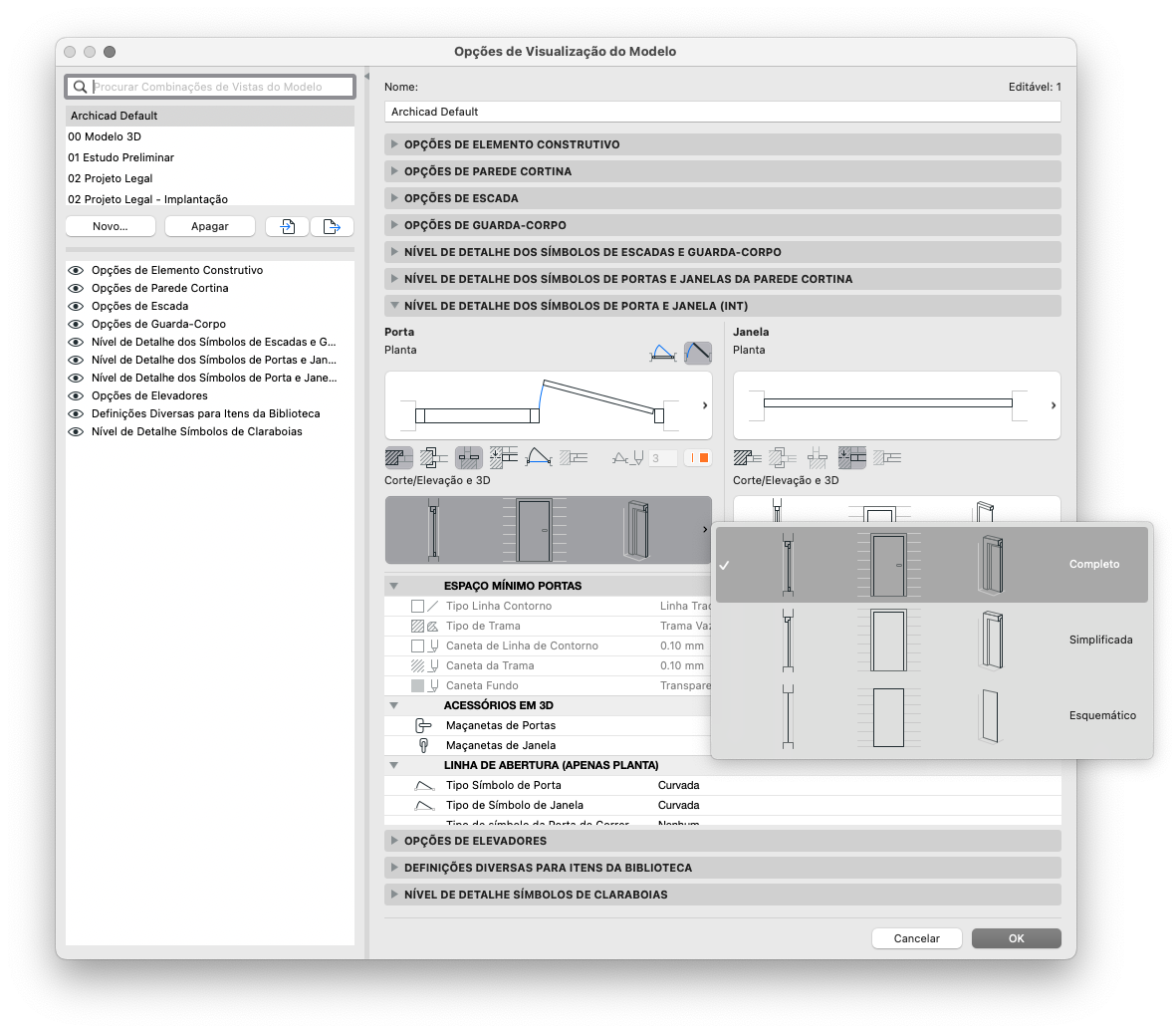 Janela "Opções de Visualização do Modelo" do Archicad com lista de configurações à esquerda (incluindo "Archicad Default" e opções de elementos construtivos), seções expansíveis no painel principal e menu suspenso aberto para "Nível de Detalhe dos Símbolos de Porta e Janela (INT)" exibindo opções "Completo", "Simplificada" e "Esquemático" com ícones de portas e janelas, além dos botões "Cancelar" e "OK" na parte inferior.
