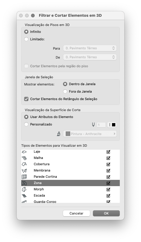 Janela do Archicad "Filtrar e Cortar Elementos em 3D" com "Visualização de Pisos em 3D" selecionando "Infinito", opção "Limitado" não marcada e campos "Para" e "De" definidos como "0. Pavimento Térreo", checkbox "Cortar Elementos pela região do piso" desmarcado; seção "Janela de Seleção" com "Dentro da Janela" selecionado e "Cortar Elementos do Retângulo de Seleção" marcado; "Visualização da Superfície de Corte" usando "Atributos do Elemento"; lista "Tipos de Elementos para Visualizar em 3D" com todos os itens (Laje, Malha, Cobertura, Membrana, Parede Cortina, Zona, Morph, Escada, Guarda-Corpo) marcados; botões "Cancelar" e "OK" na parte inferior.