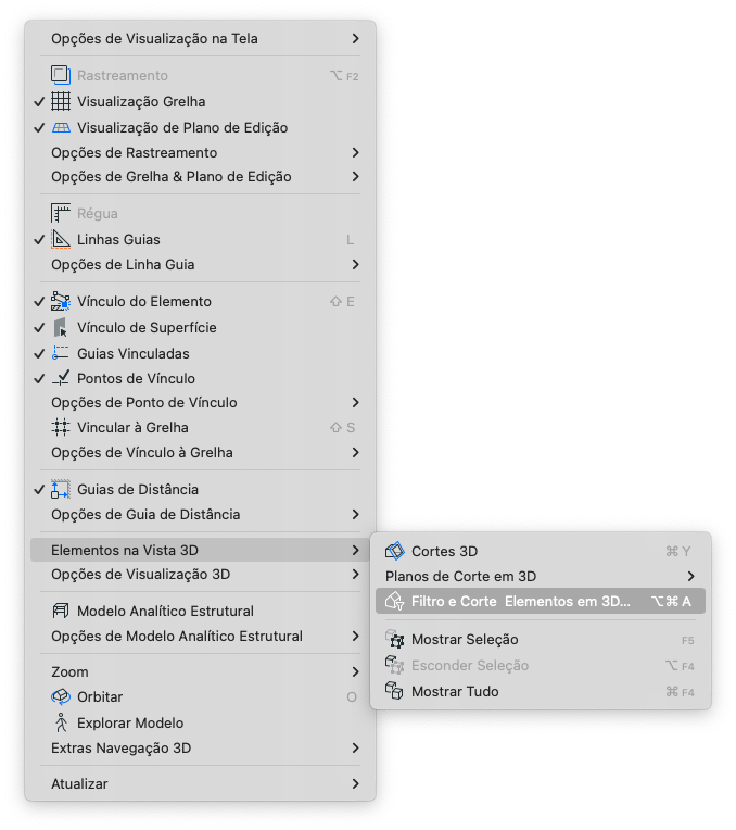 Menu "Opções de Visualização na Tela" do Archicad com opções selecionadas: Rastreamento, Visualização Grade, Visualização de Plano de Edição, Linhas Guias, Vínculo do Elemento, Vínculo de Superfície, Guias Vinculadas, Pontos de Vínculo e Guias de Distância. À direita, submenu aberto exibindo "Cortes 3D", "Planos de Corte em 3D", opção destacada "Filtro e Corte Elementos em 3D..." e opções "Mostrar Seleção", "Esconder Seleção" e "Mostrar Tudo".