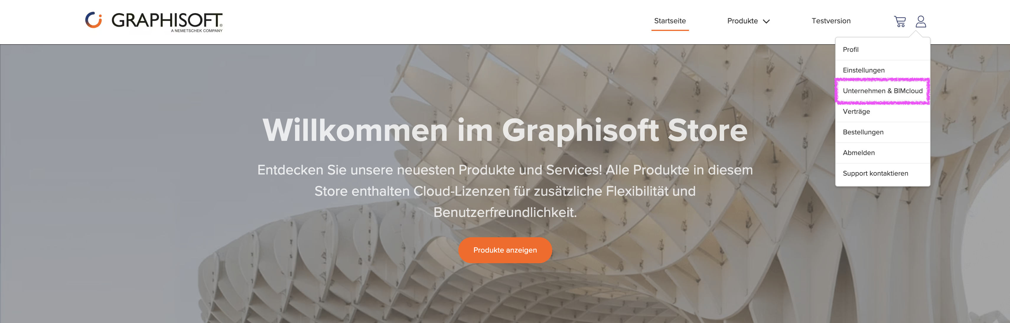 Graphisoft Store Startseite mit Willkommenstext und orangefarbener Schaltfläche „Produkte anzeigen“, oben rechts geöffnetes Benutzerkonto-Menü, Option „Unternehmen & BIMcloud“ pink hervorgehoben.
