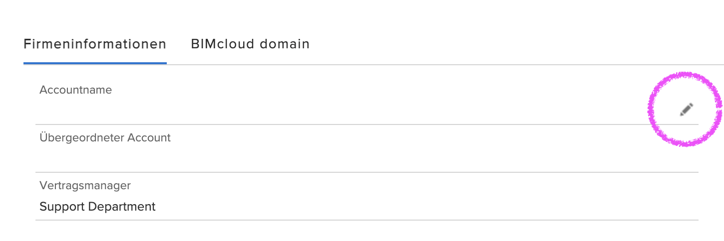 Ansicht Firmeninformationen mit Tabs „Firmeninformationen“ und „BIMcloud domain“, Zeile „Accountname“ mit rechts angezeigtem und pink umkreistem Stiftsymbol zum Bearbeiten.