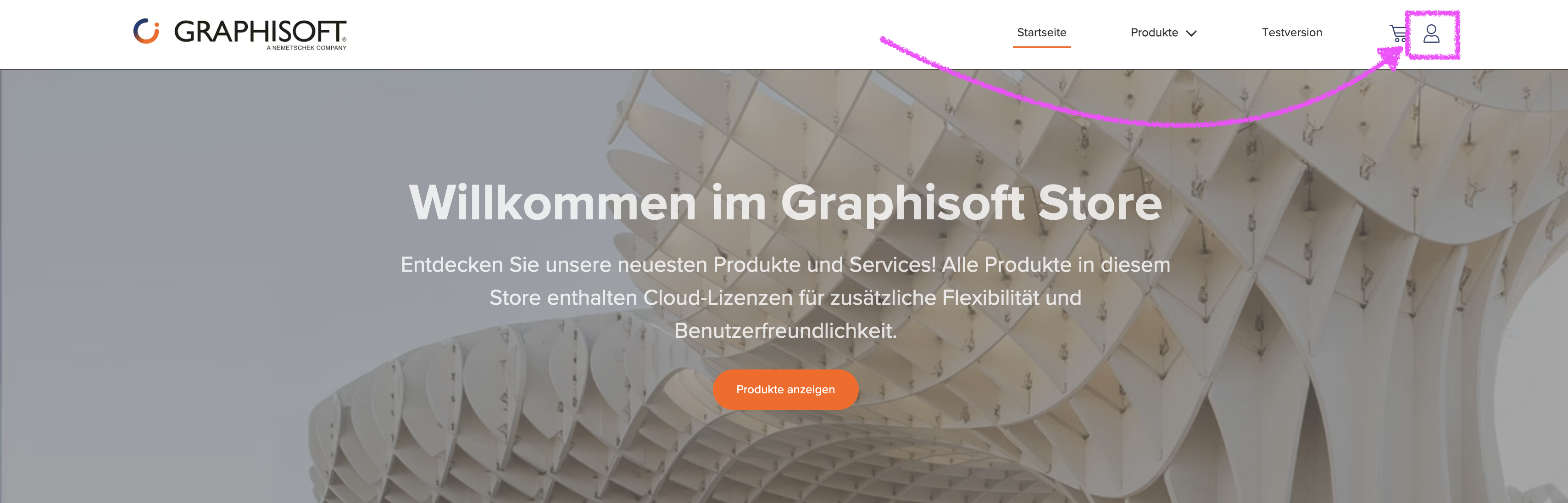 Startseite des Graphisoft Store mit großem Willkommenstext und orangefarbener Schaltfläche „Produkte anzeigen“, oben rechts pink markiertes Benutzerkonto-Symbol in der Menüleiste.