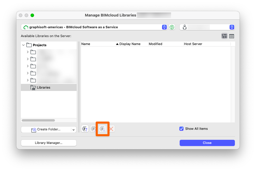 Screenshot shows the Manage BIMcloud Libraries dialog, where you can download the selected library from the BIMcloud project.