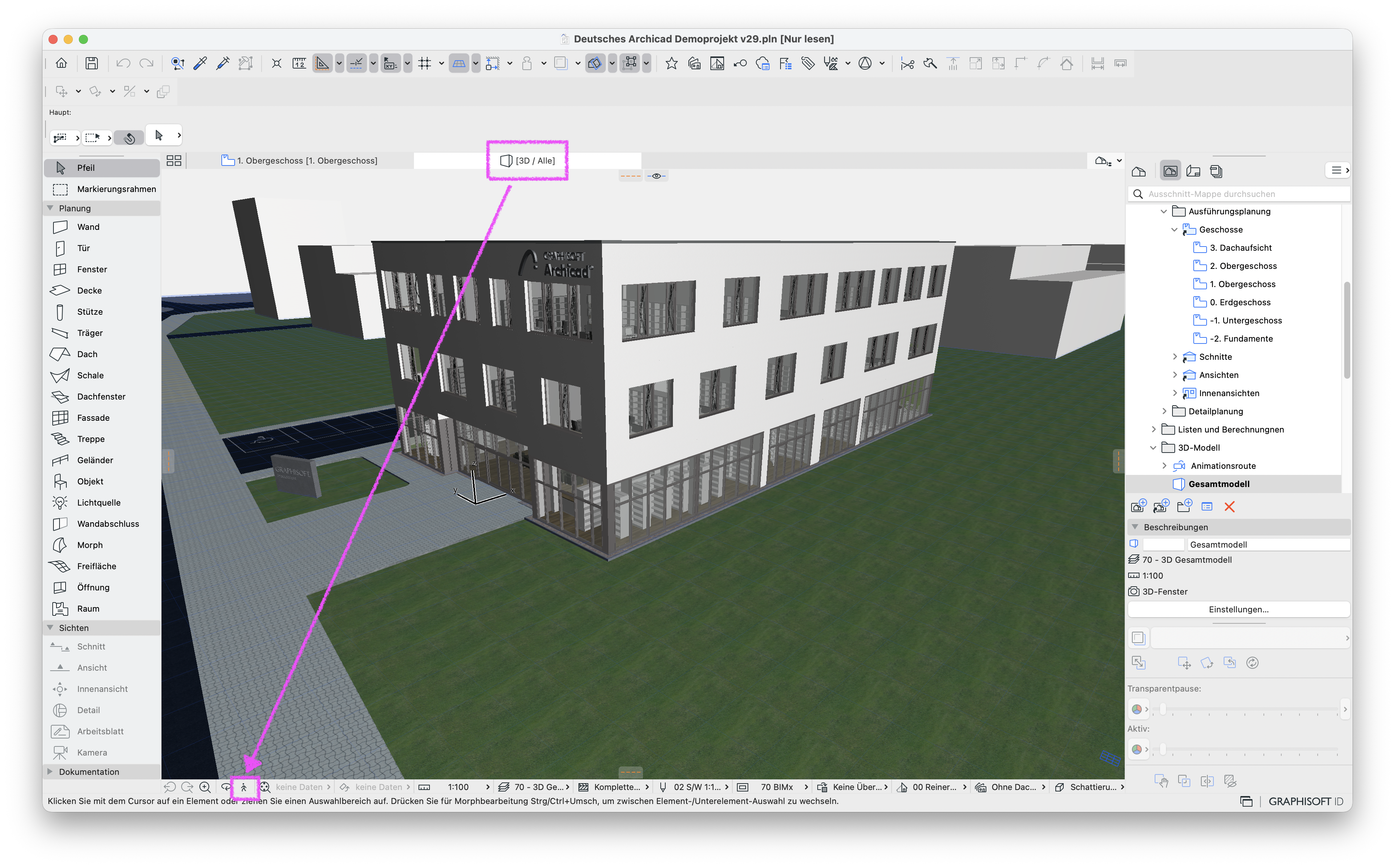 3D-Fenster mit Gesamtmodell in der Perspektive und hervorgehobenen Perspektive-Symbol im offenen Tab mit verfügbaren 3D-Rundgang.