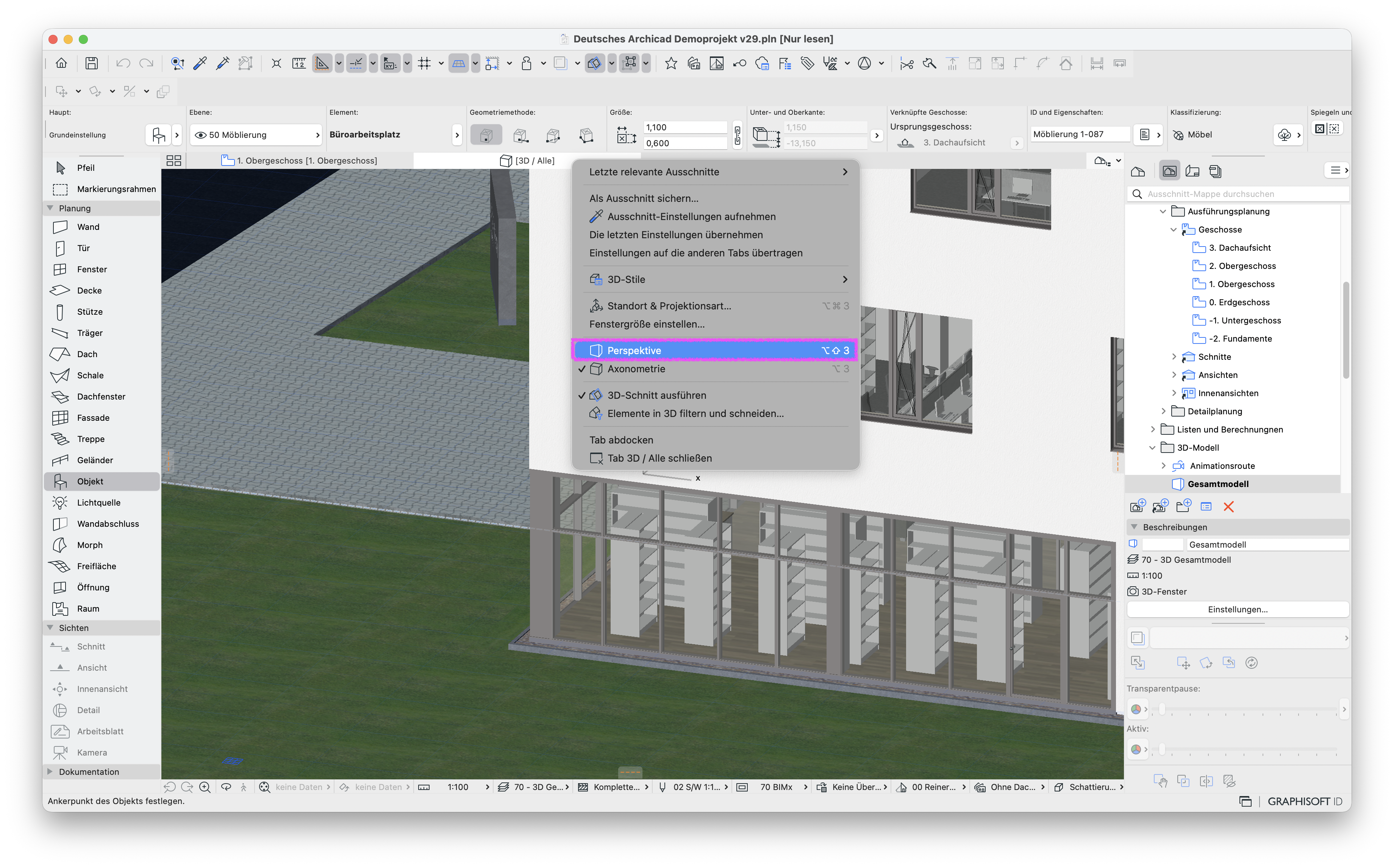 3D-Fenster mit Gebäudeansicht in der Perspektive, geöffnetem Kontextmenü und hervorgehobener Option Perspektive im Bereich der Projektionsarten.