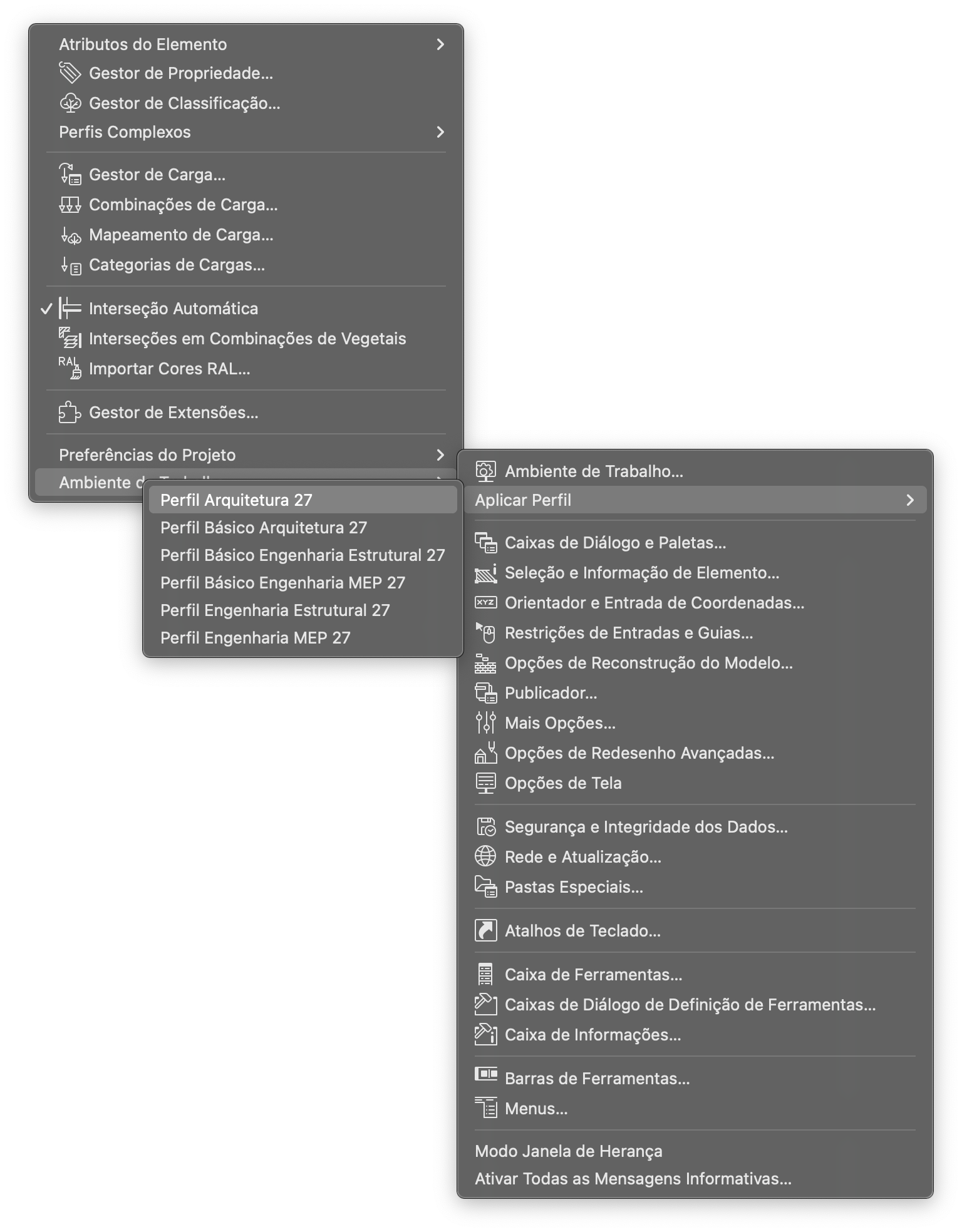 Três menus suspensos do Archicad sobrepostos: à esquerda, opções como "Atributos do Elemento", "Gestor de Propriedade...", "Perfis Complexos" com subitens, "Interseção Automática" marcada e "Ambiente do Projeto" com submenus de perfis (destacado "Perfil Arquitetura 27"); à direita, menu com "Ambiente de Trabalho...", "Aplicar Perfil", "Caixas de Diálogo e Paletas..." e outras configurações de projeto.