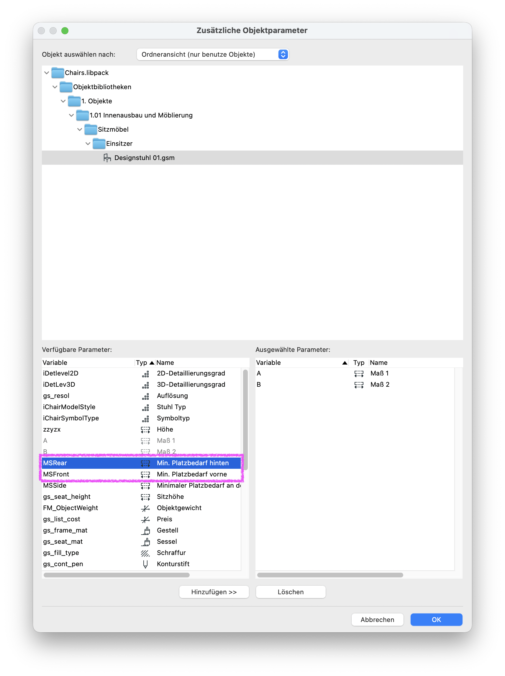 Dialogfenster Zusätzliche Objektparameter mit ausgewähltem Objekt Designstuhl 01.gsm und hervorgehobenen verfügbaren Parametern Min. Platzbedarf hinten und Min. Platzbedarf vorne.
