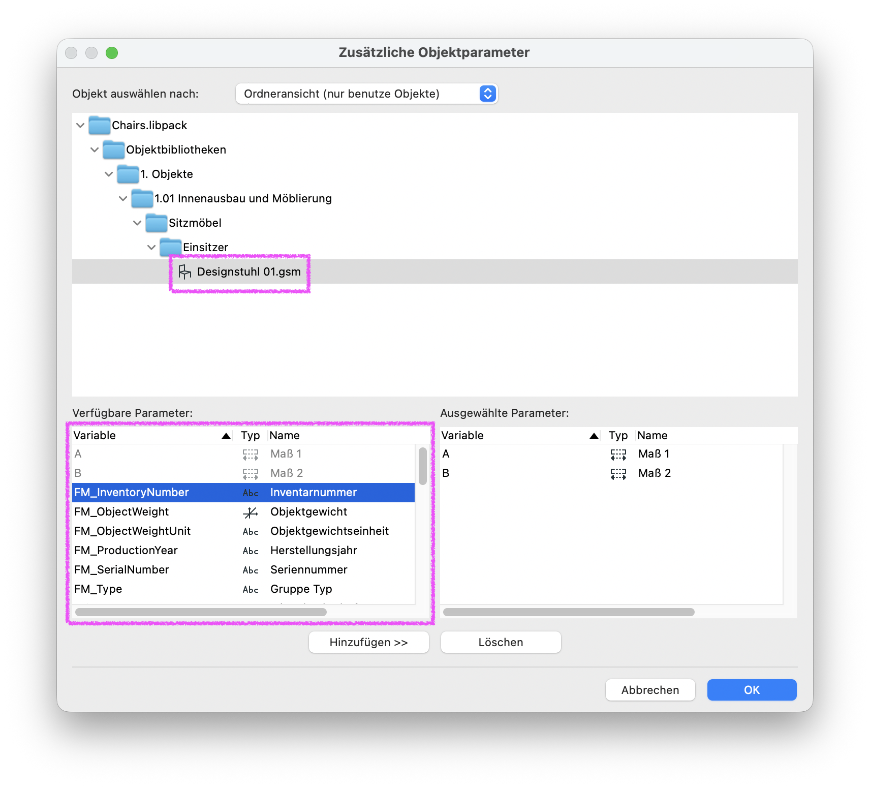 Dialogfenster Zusätzliche Objekt-Elementparameter mit ausgewähltem Objekt Designstuhl 01.gsm und hervorgehobener Liste verfügbarer Parameter wie Maß 1, Maß 2, Inventarnummer, Objektgewicht und Seriennummer.