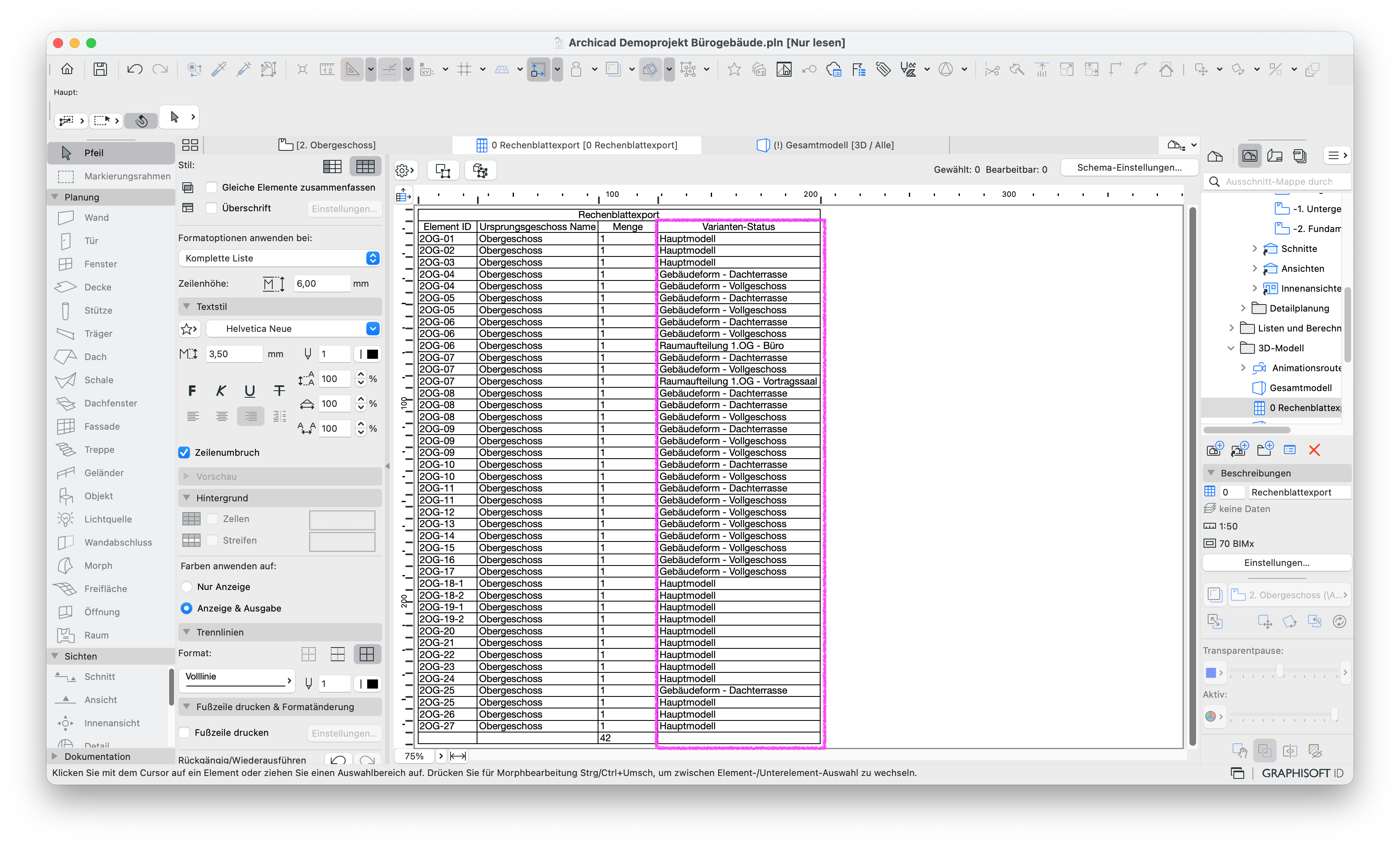Programmfenster mit geöffneter Auswertung, in der eine Tabelle mit den Spalten Element ID, Ursprungsgeschoss Name, Menge und Varianten-Status angezeigt wird und die Spalte Varianten-Status komplett hervorgehoben ist.