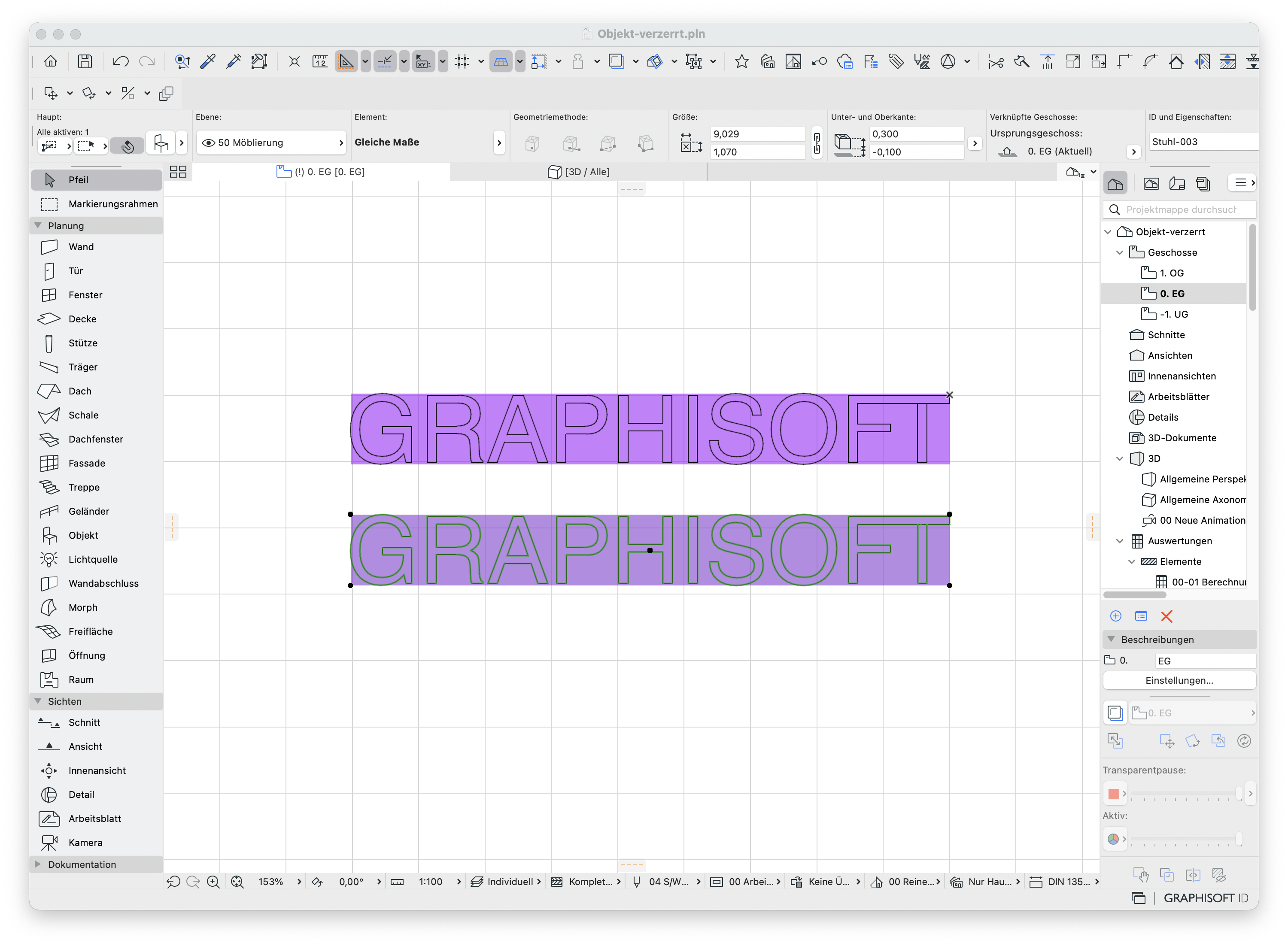 Grundrissfenster mit lila hinterlegten Objekt&nbsp;"GRAPHISOFT"&nbsp;und aktivem Werkzeug&nbsp;Objekt&nbsp;in der Werkzeugleiste.