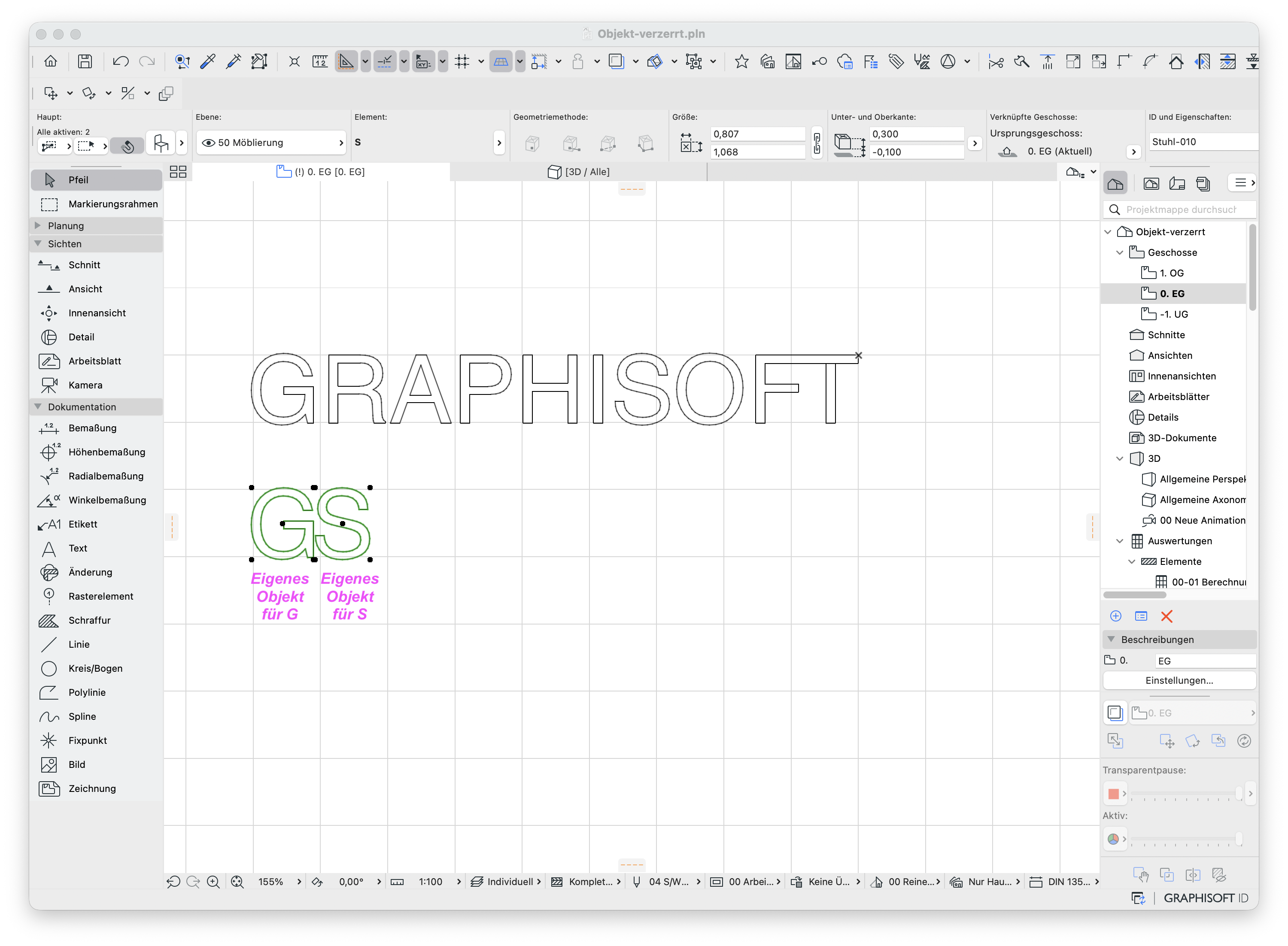 Grundrissfenster mit platziertem Schriftzug&nbsp;"GRAPHISOFT"&nbsp;sowie ausgewähltem&nbsp;"GS" Objekt, darunter beschriftet mit zwei eigenen Objektvarianten für den Buchstaben "G" und den Buchstaben "S".