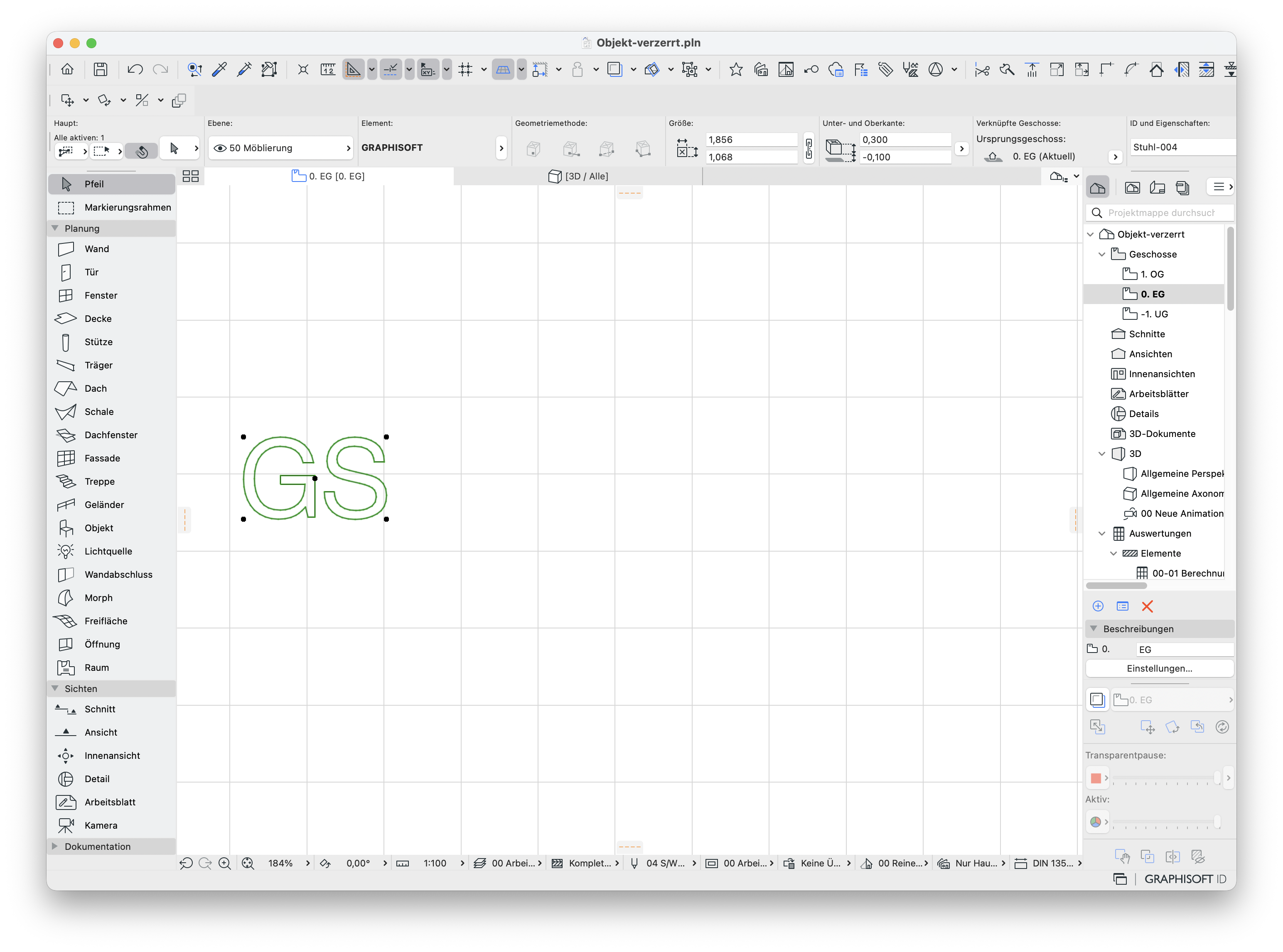 Grundrissfenster mit platziertem Objekt&nbsp;"GRAPHISOFT", das die Buchstaben&nbsp;"GS"&nbsp;im korrekten Seitenverhältnis und mit den zurückgesetzten Standardgrößenwerten zeigt.