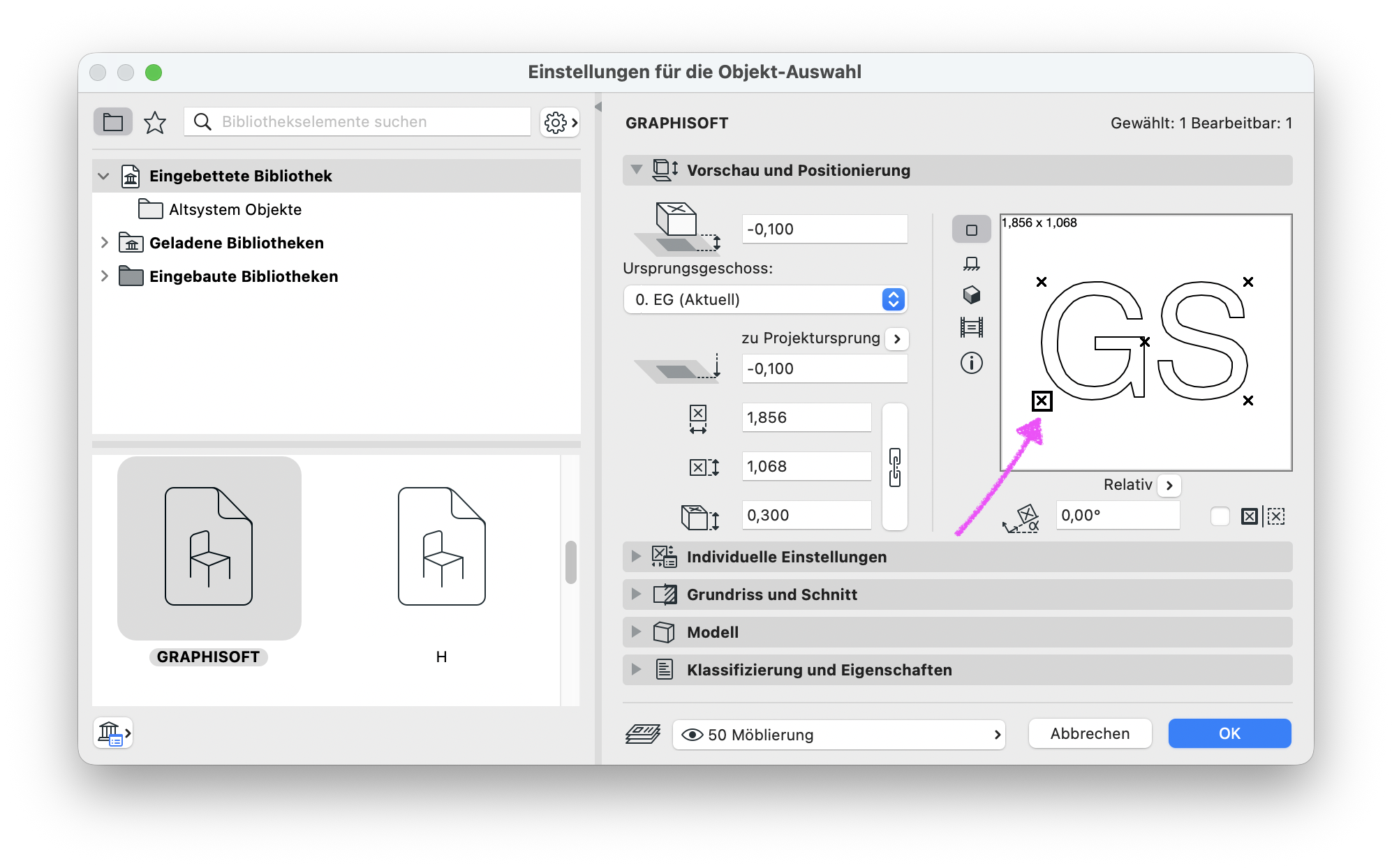 Dialogfenster&nbsp;Einstellungen für die Objekt-Auswahl&nbsp;mit ausgewähltem Bibliothekselement&nbsp;"GRAPHISOFT", Proportionsfeldern für Breite Höhe und Tiefe sowie aktivierter Referenzposition unten links in der Vorschau.