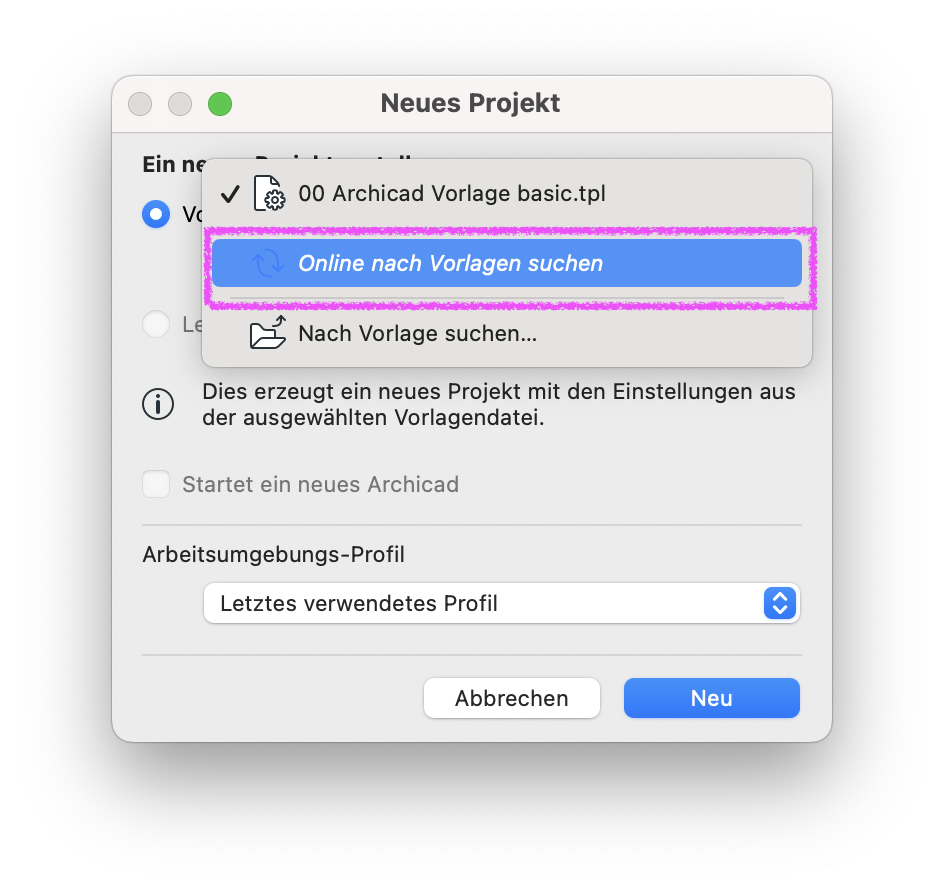 Archicad‑Dialogfenster „Neues Projekt“ auf Deutsch, diesmal mit geöffnetem Vorlagen‑Dropdown-Menü, in dem der Menüpunkt „Online nach Vorlagen suchen“ blau hervorgehoben ist, um die Option zur Onlinesuche nach Vorlagen zu markieren.