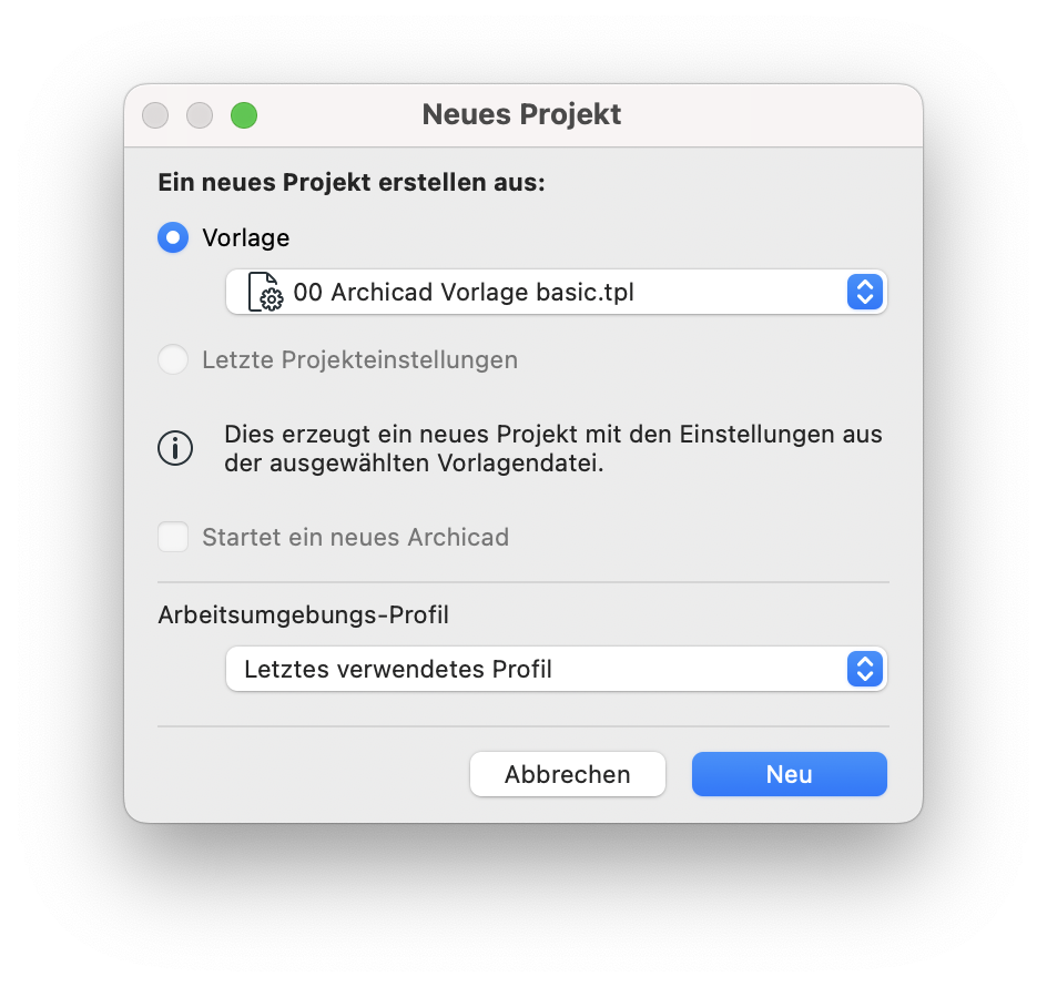 Dialogfenster in Archicad mit dem Titel „Neues Projekt“ auf Deutsch, das die Option zeigt, ein neues Projekt aus einer Vorlage zu erstellen, wobei im Dropdown-Feld die Vorlagendatei „00 Archicad Vorlage basic.tpl“ ausgewählt ist.