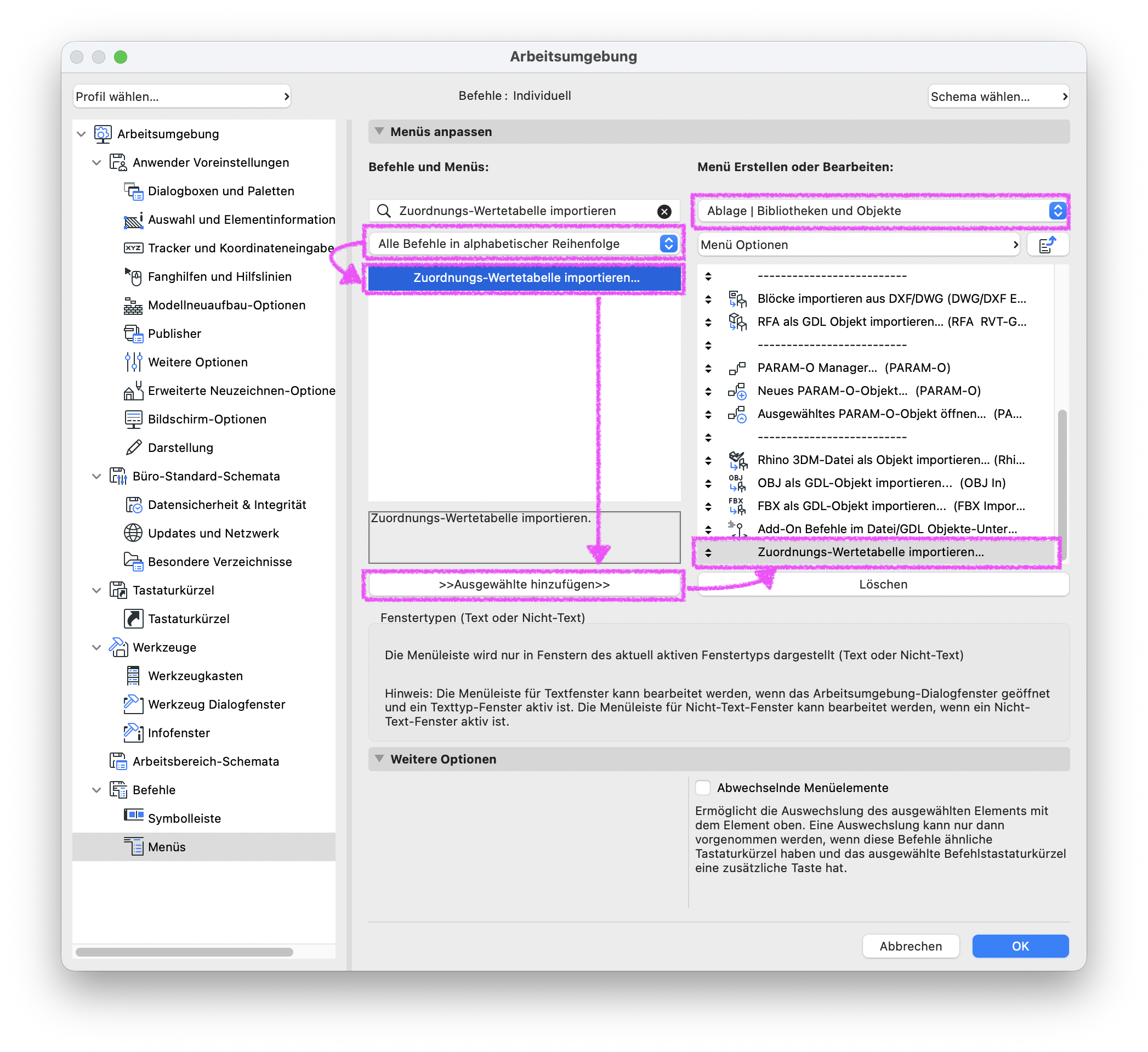 Dialogfenster Arbeitsumgebung mit geöffnetem Bereich Menüs, in dem der Befehl Zuordnungs‑Wertetabelle importieren… aus der Liste Alle Befehle in alphabetischer Reihenfolge ausgewählt und dem Menü Ablage | Bibliotheken und Objekte über die Schaltfläche >>Ausgewählte hinzufügen>> hinzugefügt wird.