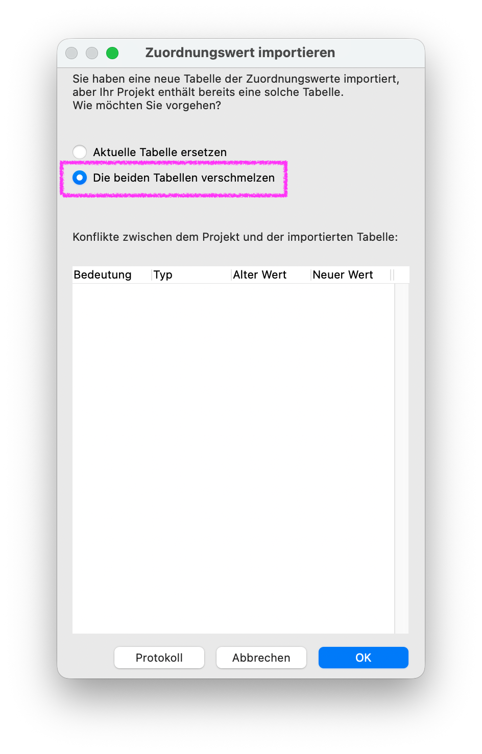 Dialogfenster Zuordnungswert importieren mit aktivierter Option Die beiden Tabellen verschmelzen, um eine neu importierte Zuordnungswertetabelle mit der bereits im Projekt vorhandenen Tabelle zusammenzuführen.