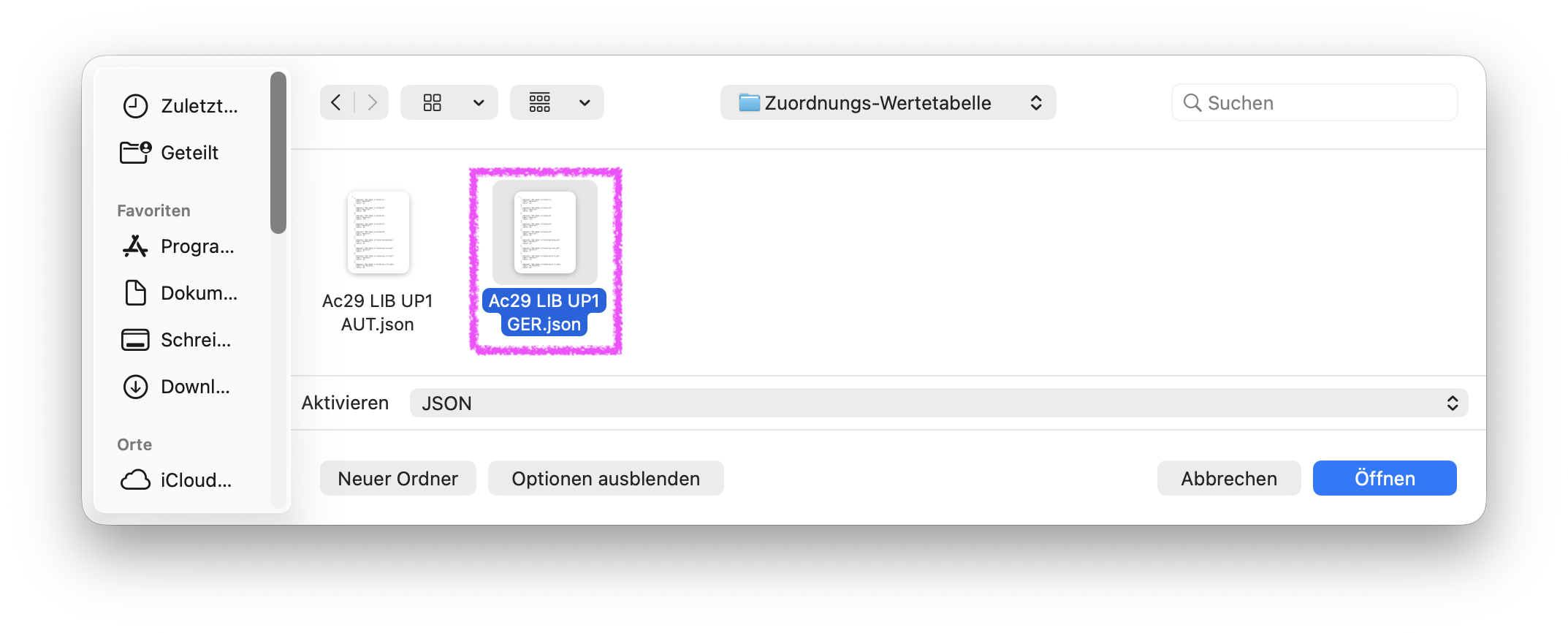 Dateiauswahldialog unter macOS, in dem im Ordner Zuordnungs‑Wertetabelle eine JSON‑Datei mit Namen GER_Ac29UP1_added.json markiert ist und über die Schaltfläche Öffnen importiert werden kann.