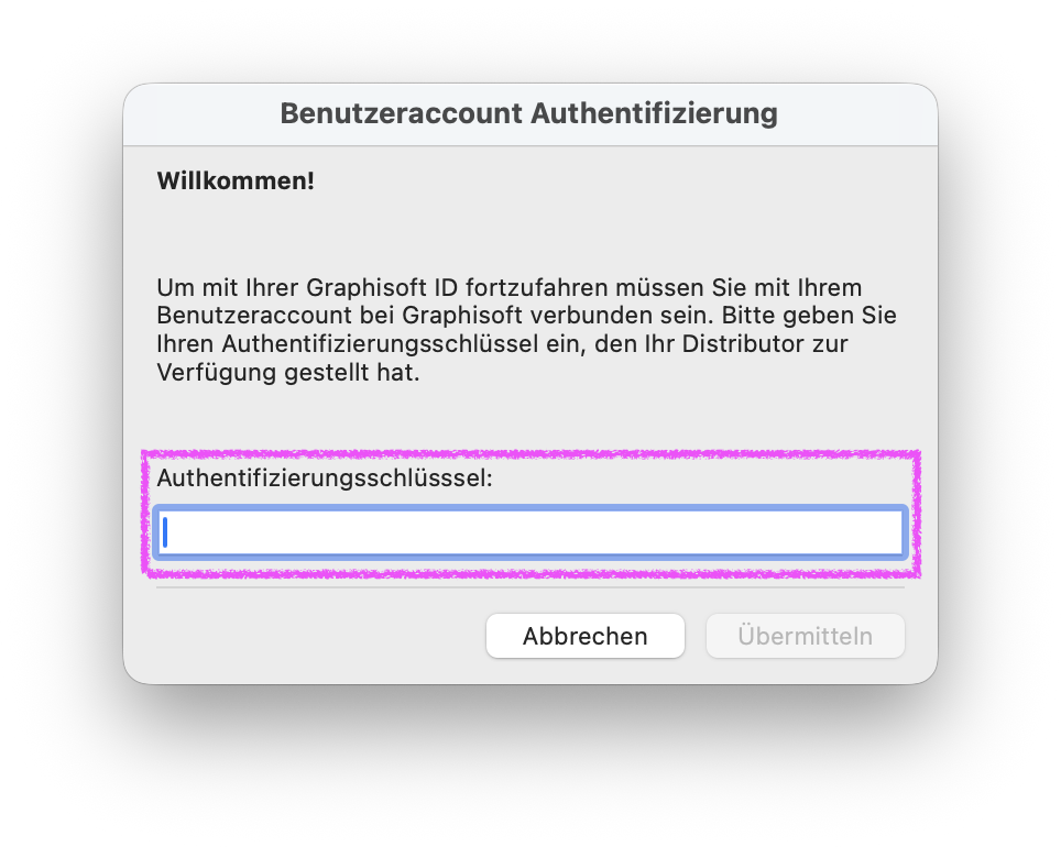 Dialogfenster Benutzeraccount Authentifizierung mit Willkommenshinweis, das zur Eingabe eines von Graphisoft bereitgestellten Authentifizierungsschlüssels in ein hervorgehobenes Textfeld auffordert.