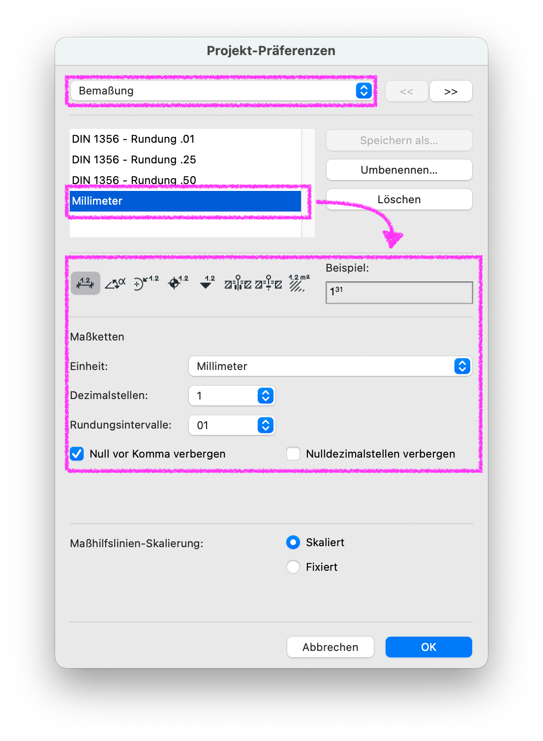 Dialogfenster Projekt‑Präferenzen im Bereich Bemaßung, in dem das Bemaßungsformat Millimeter ausgewählt ist und darunter die Einstellungen für Maßeinheit Dezimalstellen Rundungsintervalle und Anzeigeoption Null vor Komma verbergen hervorgehoben sind.
