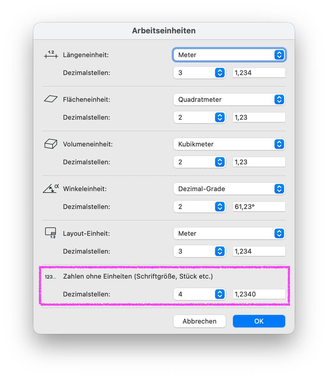 Dialogfenster Arbeitseinheiten mit Einstellungen für Längen‑, Flächen‑, Volumen‑, Winkel‑ und Layout‑Einheiten in Metern beziehungsweise Quadrat‑ und Kubikmetern, sowie hervorgehobener Option für Zahlen ohne Einheiten mit vier Dezimalstellen.