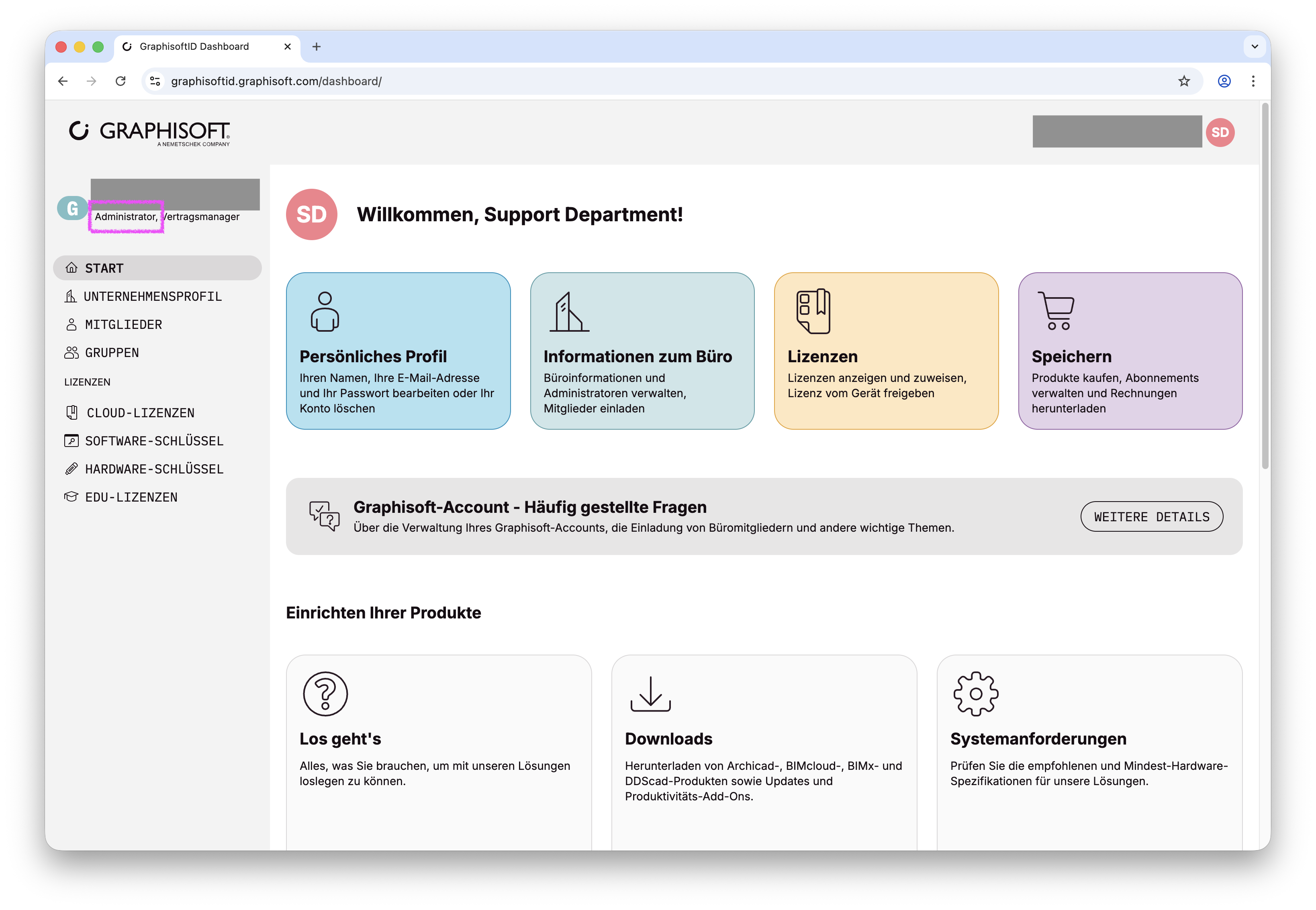 Browserfenster nach erfolgreichen Login als Administrator, dass das Dashboard des Unternehmens zeigt.