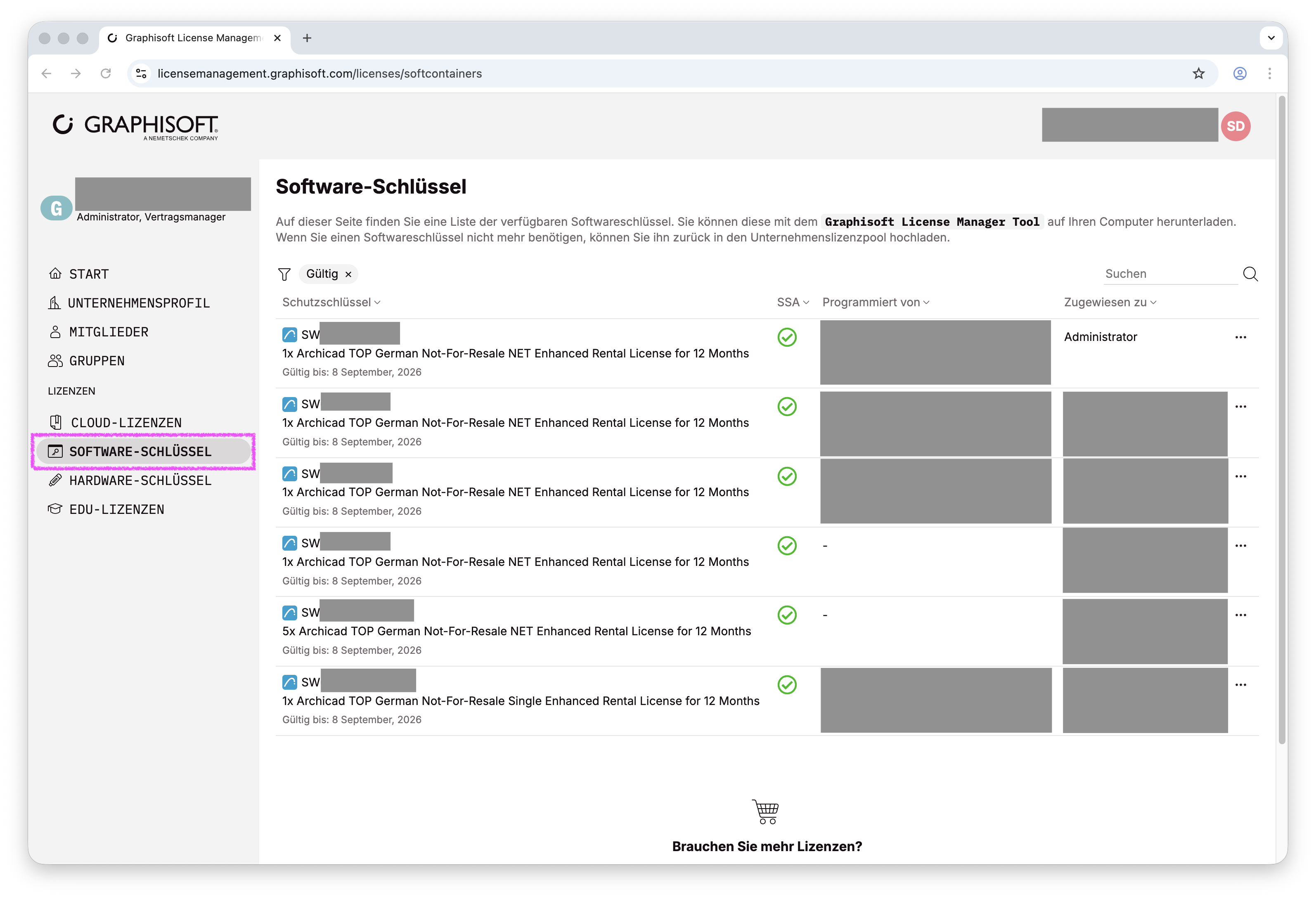 Browserfenster, welches den Software-Schlüssel Bereich im License Management anzeigt.