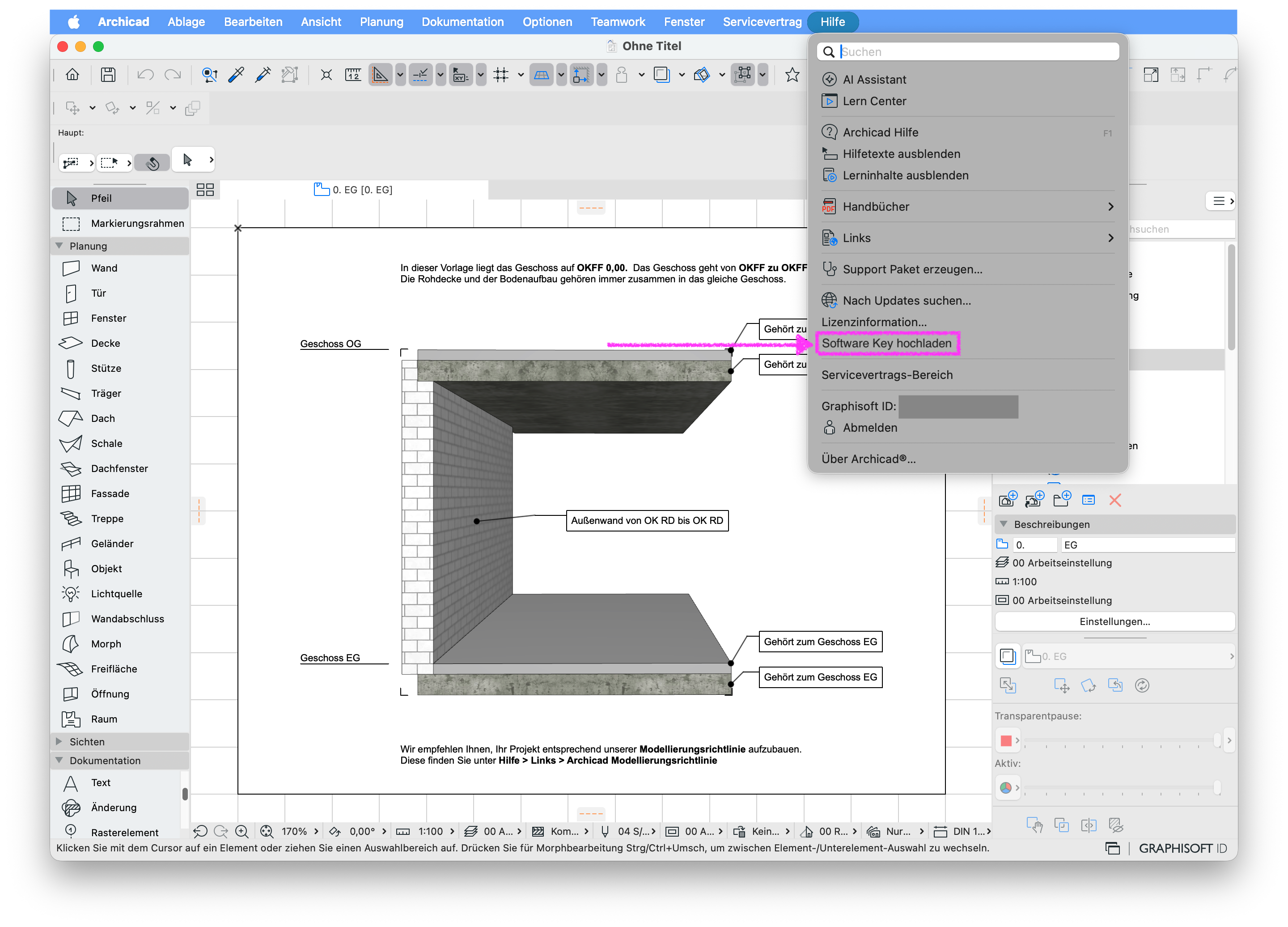 Archicad‑Fenster mit geöffnetem Menü Hilfe, in dem der Befehl Software Key hochladen hervorgehoben ist, während im Grundriss eine perspektivische Schnittdarstellung mit Textbeschriftungen angezeigt wird.
