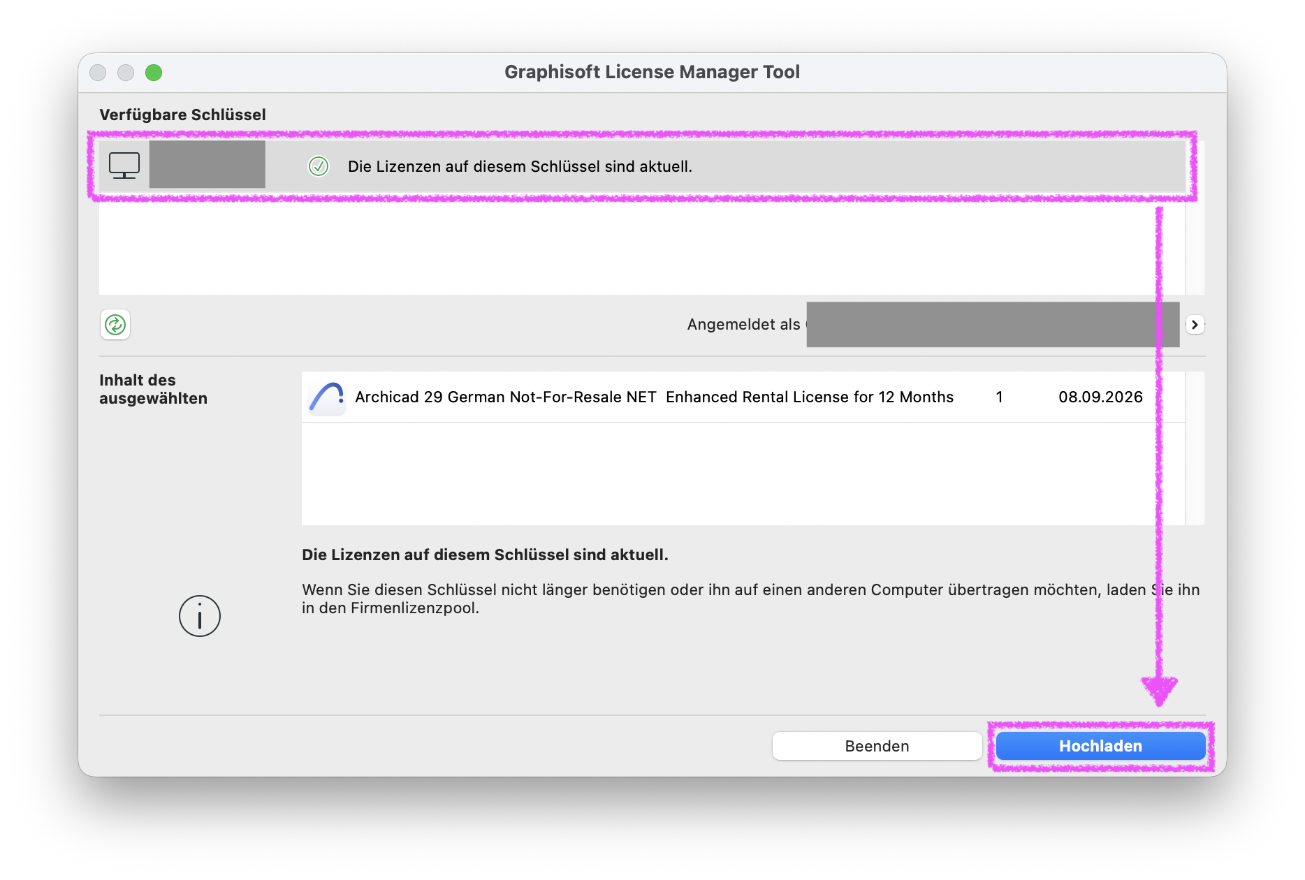 Fenster des Graphisoft License Manager Tool mit einem lokal gespeicherten Softwareschlüssel, für den oben der Hinweis Die Lizenzen auf diesem Schlüssel sind aktuell angezeigt wird, und unten rechts der hervorgehobene Button Hochladen zum Zurückladen in den Firmenlizenzenpool.