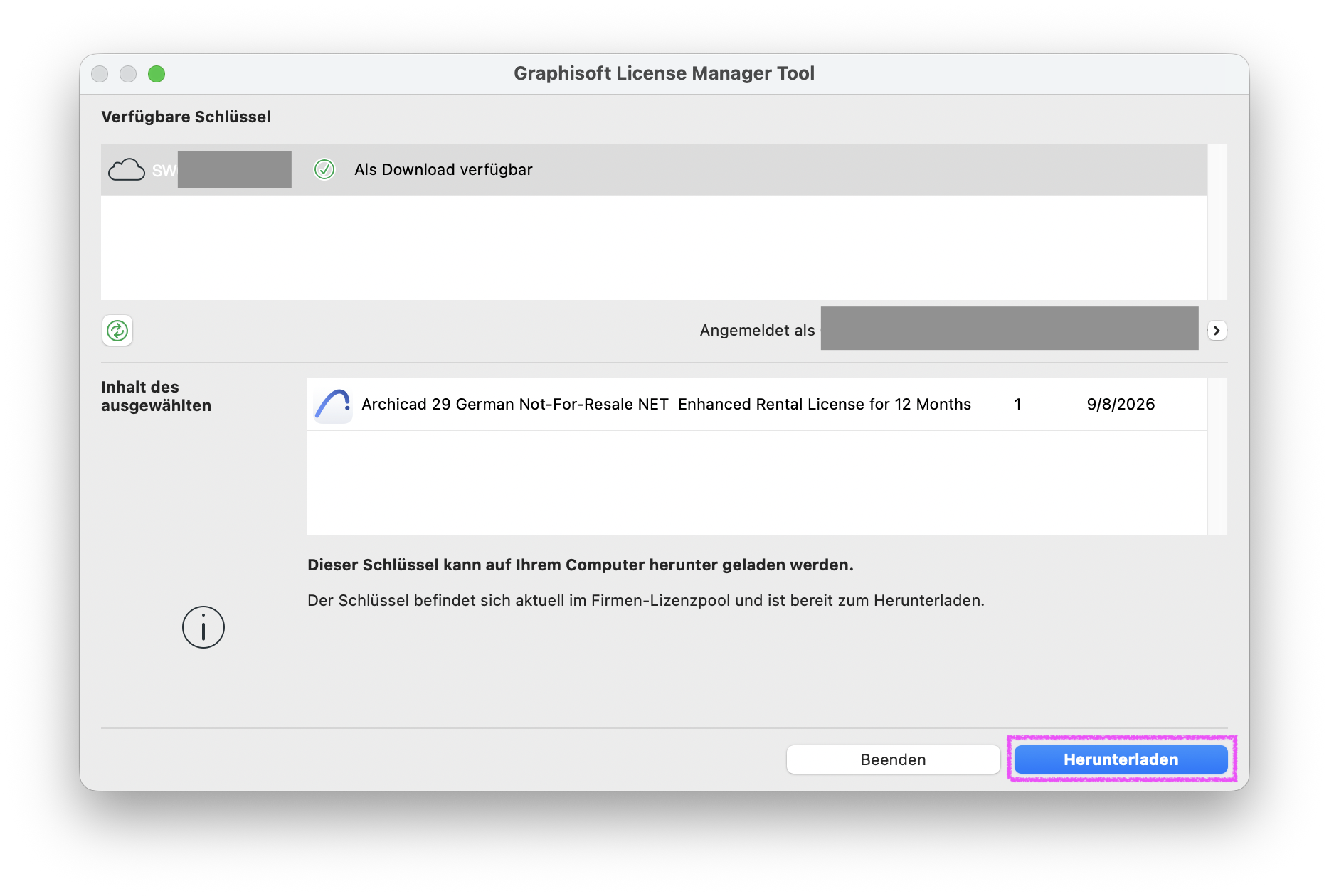 Dialogfenster des Graphisoft License Manager Tool mit einem als Download verfügbaren Softwareschlüssel in der Liste Verfügbare Schlüssel, Detailanzeige der enthaltenen Rental-Lizenz und hervorgehobener Schaltfläche Herunterladen unten rechts.