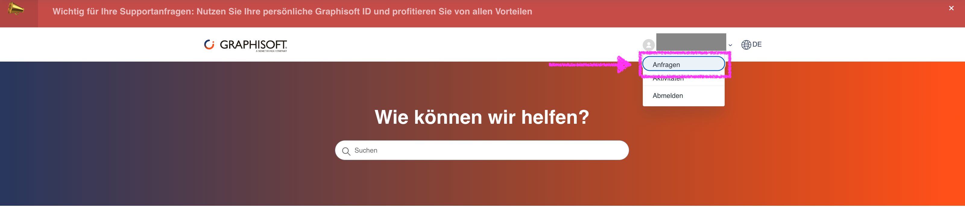 Startseite des Graphisoft Support‑Portals mit prominentem Suchfeld Wie können wir helfen?, oben rechts geöffnetem Benutzer-Menü und hervorgehobener Menüoption Anfragen, über die der Zugriff auf eigene Supporttickets erfolgt.