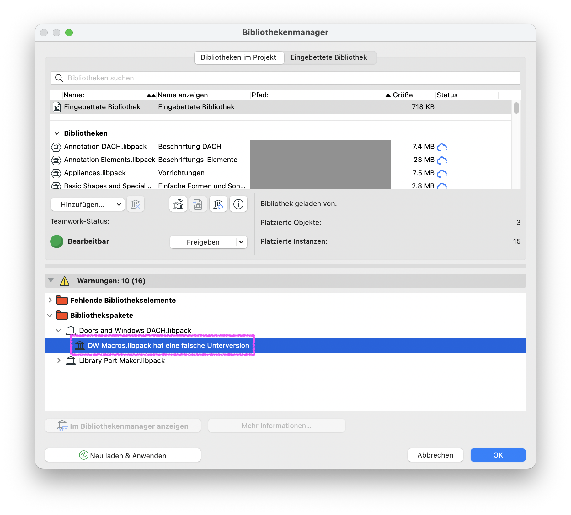 Dialogfenster&nbsp;Bibliothekenmanager&nbsp;mit dessen Warnungen‑Bereich ein Bibliothekspaket hervorgehoben ist mit der Meldung&nbsp;"DW Macros.libpack hat eine falsche Unterversion".