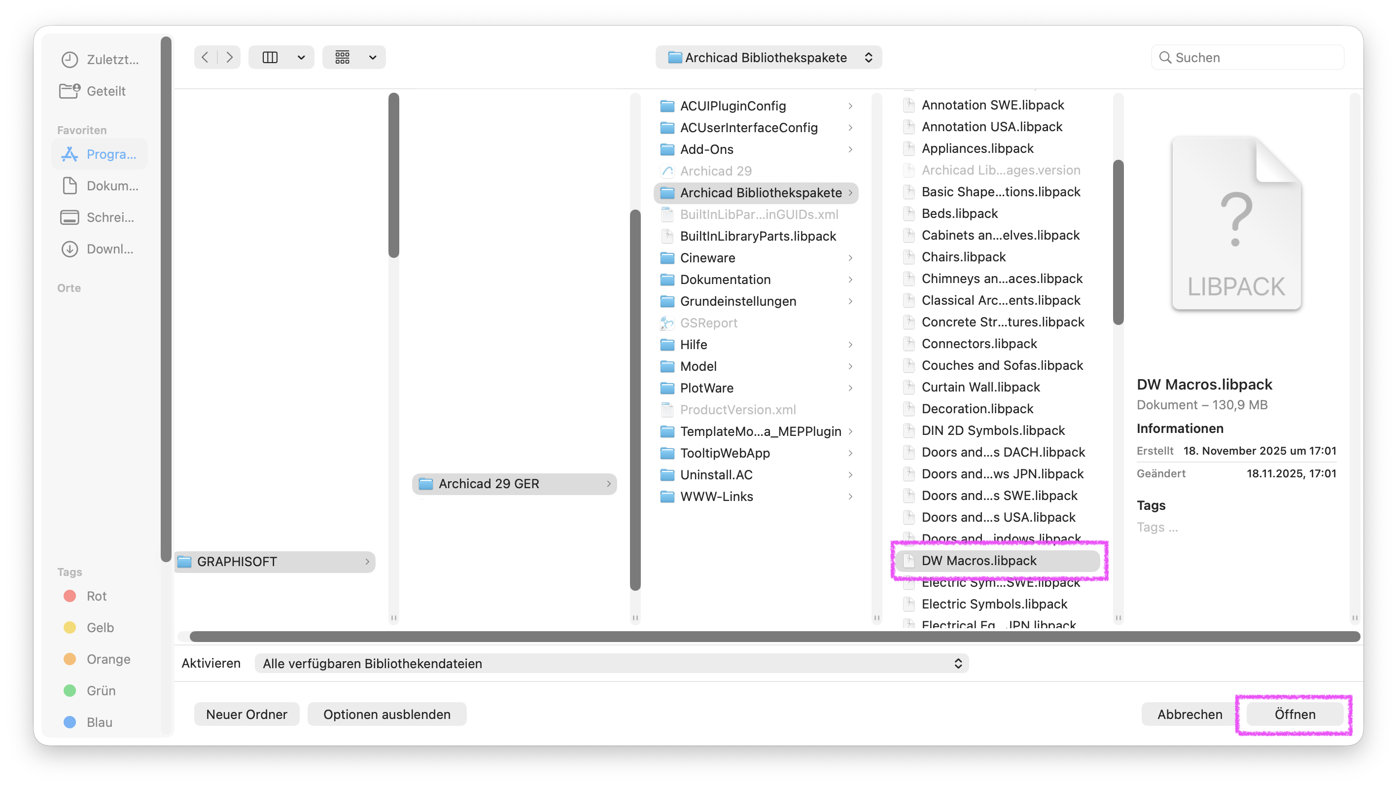 Dateiauswahldialog von macOS, in dem im Ordner Archicad Bibliothekspakete die Datei DW Macros.libpack markiert ist und unten rechts die Schaltfläche Öffnen zur Auswahl dieses Bibliothekspakets hervorgehoben wird.