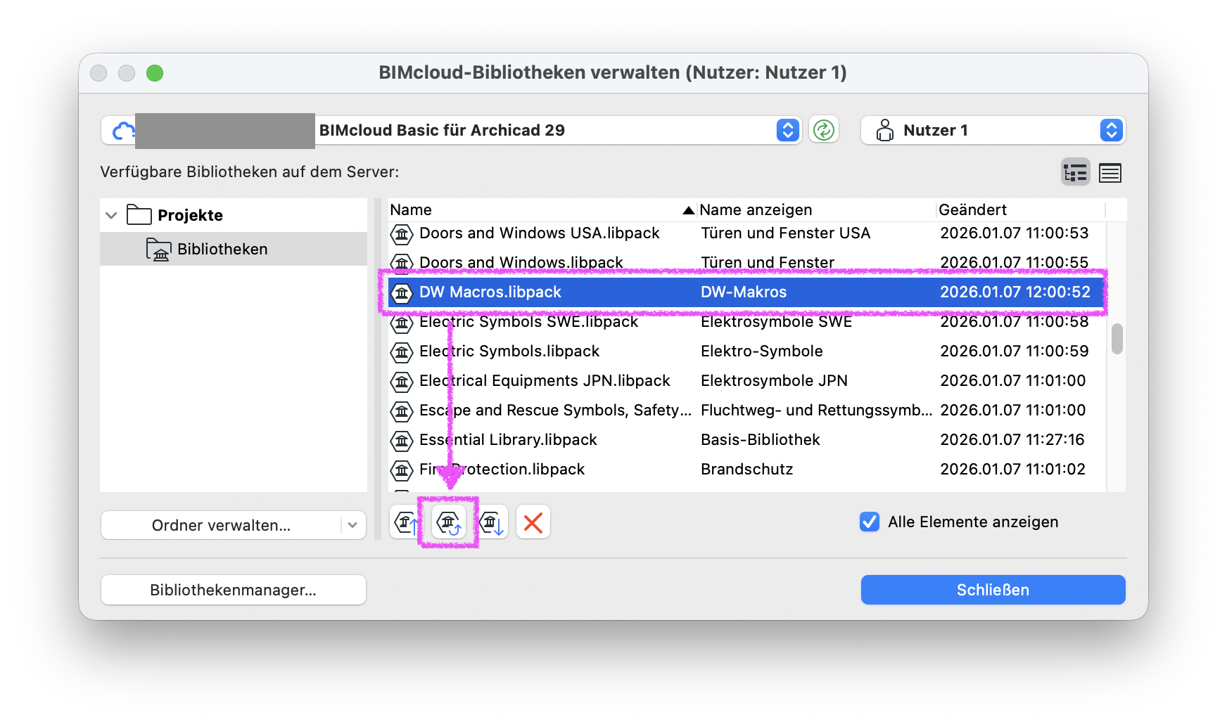 Fenster&nbsp;BIMcloud‑Bibliotheken verwalten (Nutzer: Nutzer 1), in dem auf dem Server&nbsp;BIMcloud Basic für Archicad 29&nbsp;die Bibliothek&nbsp;DW Macros.libpack&nbsp;markiert ist und unten die Schaltfläche zum Aktualisieren dieser Bibliothek hervorgehoben wird.