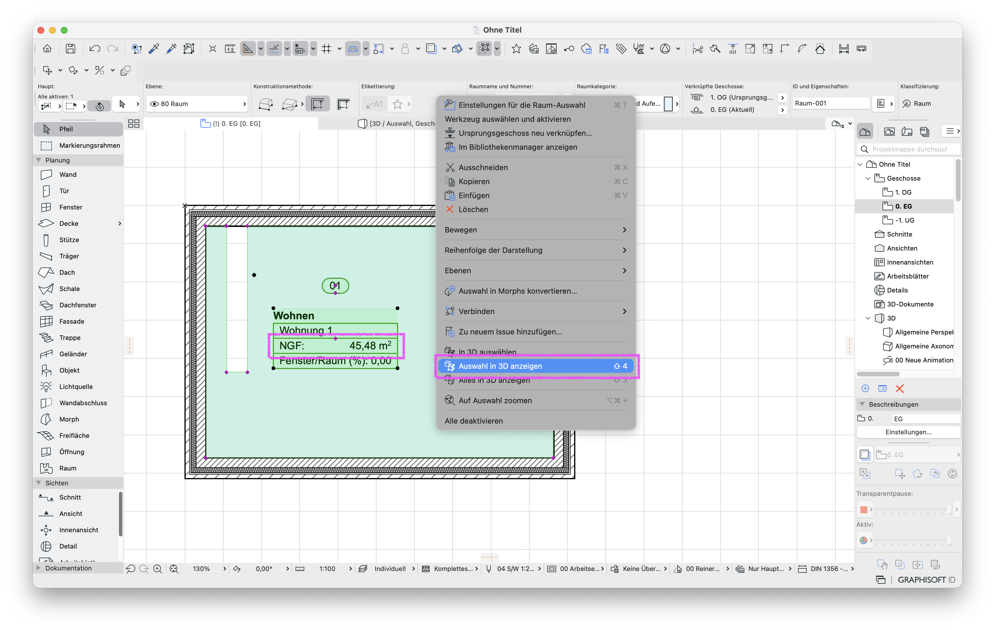 Screenshot einer Grundriss‑Ansicht mit Raum Wohnen / Wohnung 1, dessen Raumstempel die NGF 45,48 m² zeigt, während über einem Kontextmenü die Option Auswahl in 3D anzeigen hervorgehoben ist.