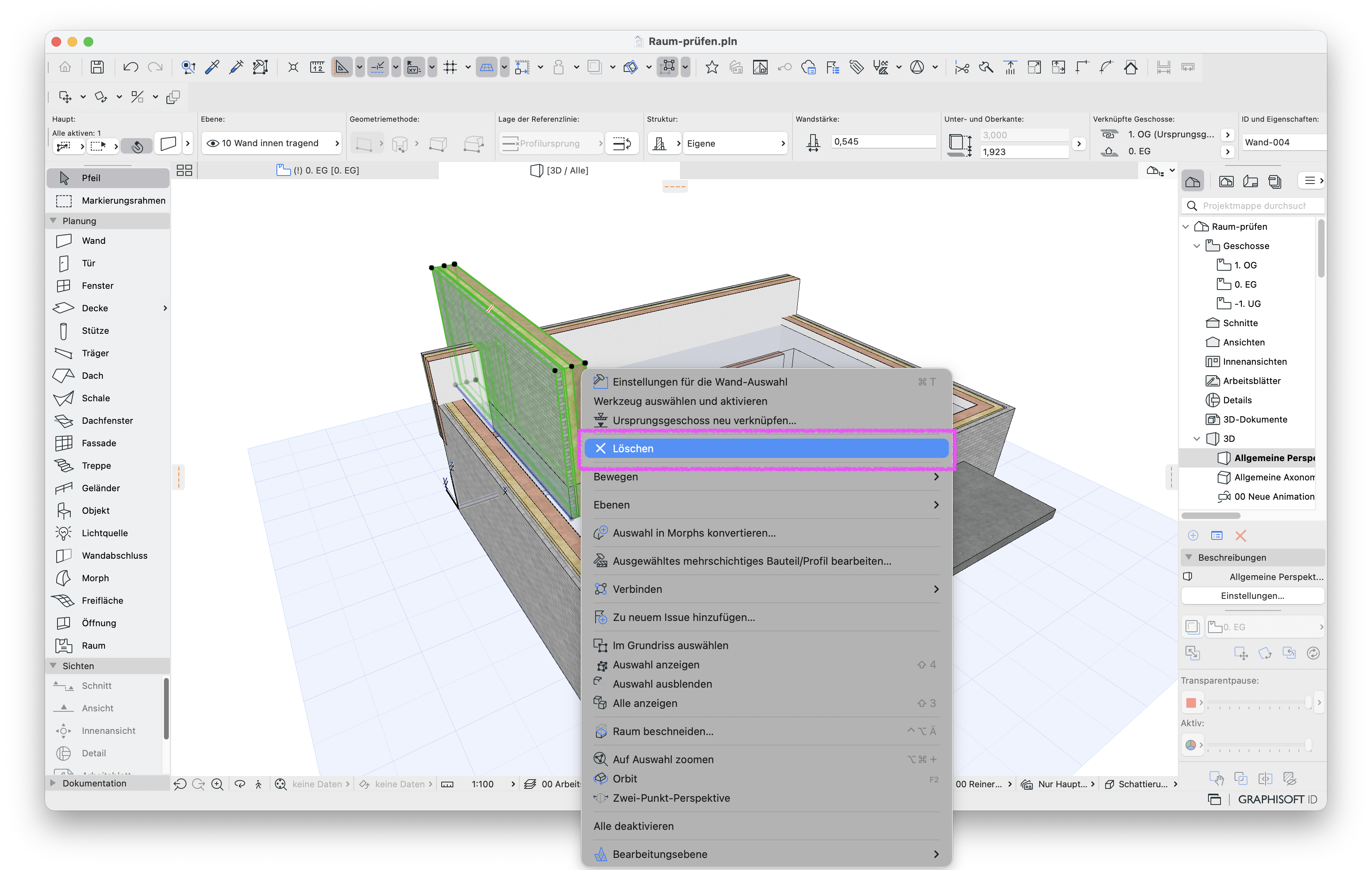 Screenshot einer 3D‑Ansicht eines Gebäudeteils, in dem eine grün markierte Innenwand ausgewählt ist und ein Kontextmenü eingeblendet wird, in dem der Befehl Löschen hervorgehoben ist.