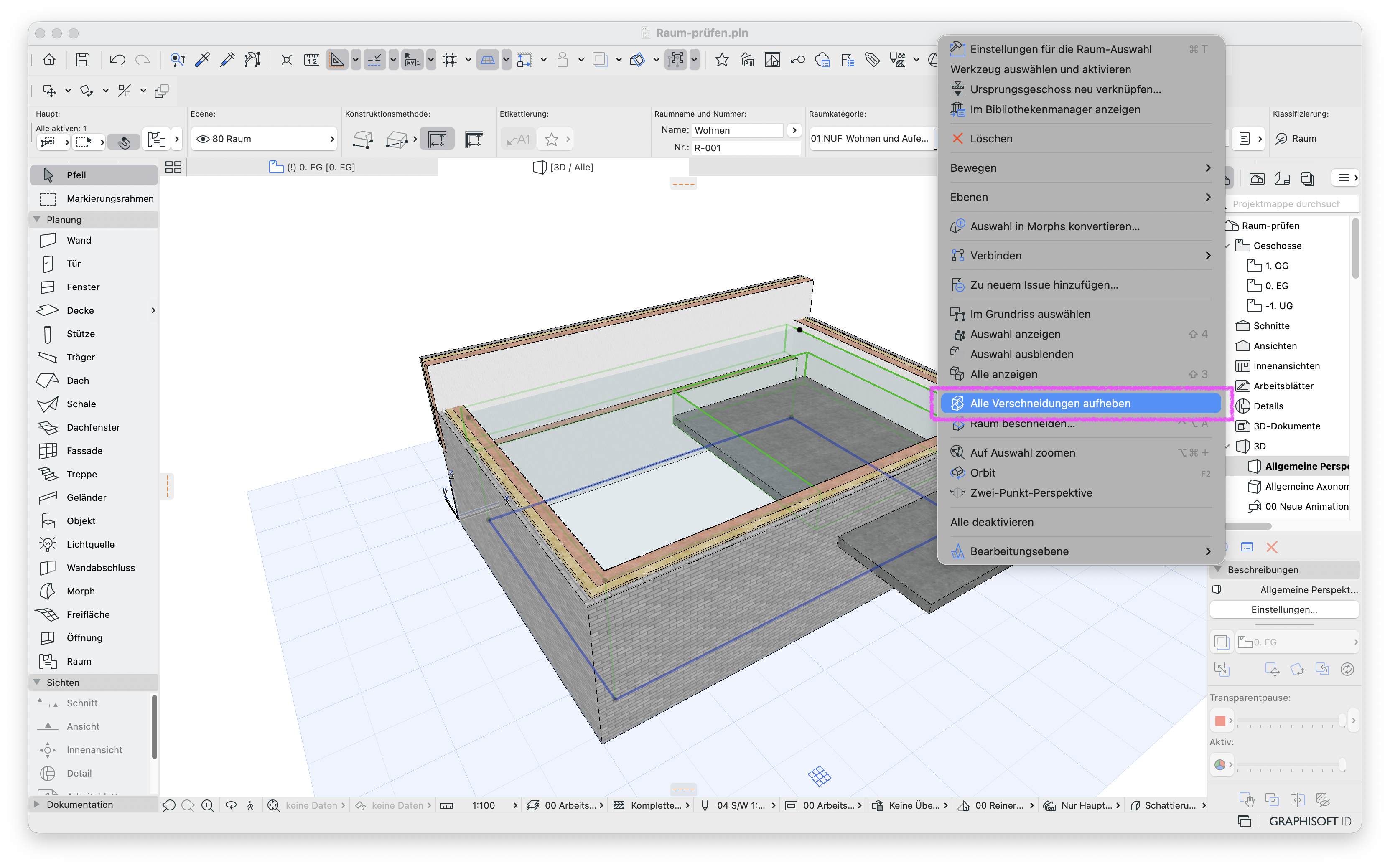 Screenshot einer 3D‑Ansicht eines Raummodells, in dem Raumkörper und Wände sichtbar sind, während ein Kontextmenü geöffnet ist und der Befehl Alle Verschneidungen aufheben hervorgehoben wird.