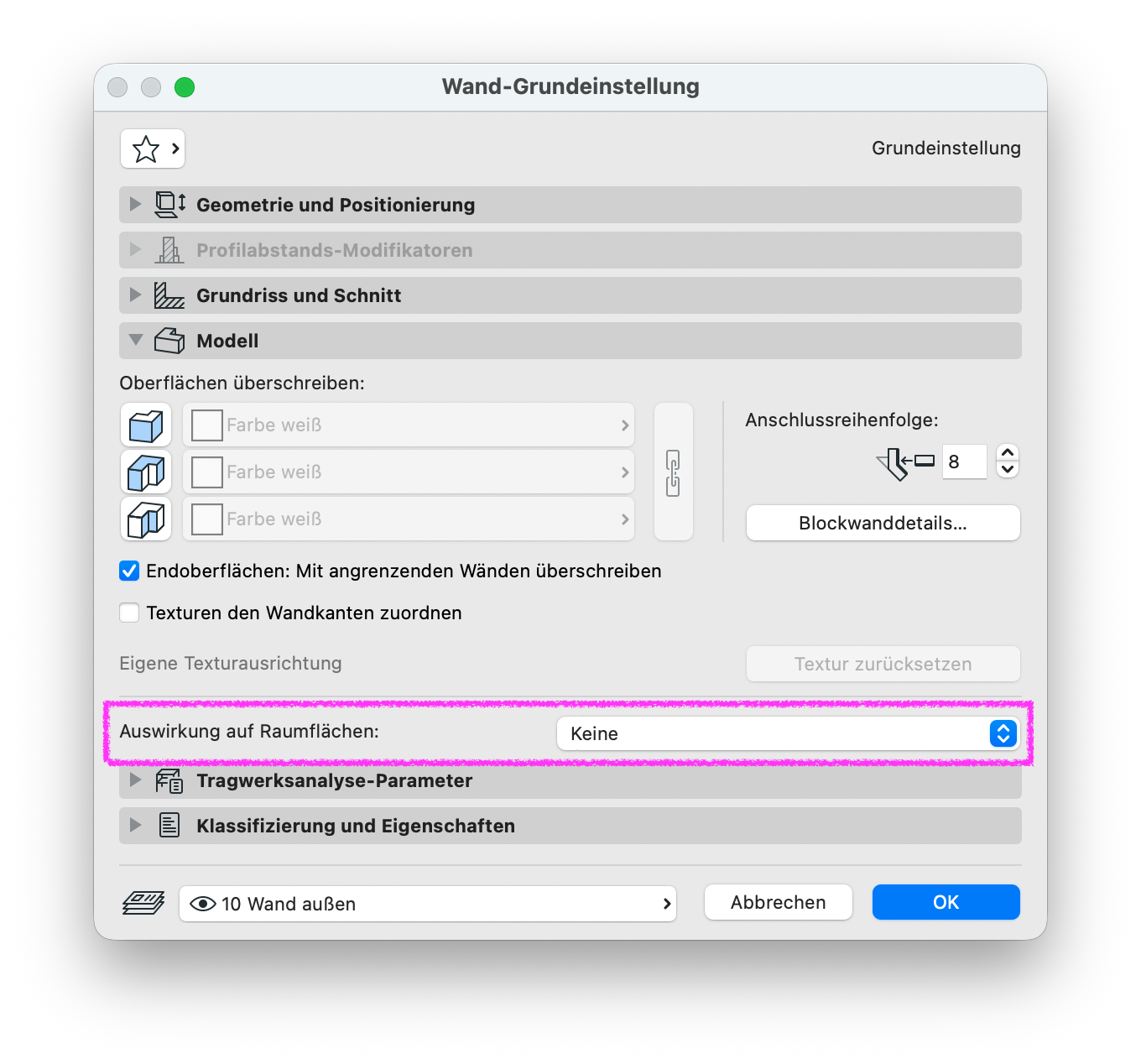 Dialog Wand‑Grundeinstellung im Register Modell, in dem unten die Option Auswirkung auf Raumflächen sichtbar ist und auf Keine eingestellt wurde.